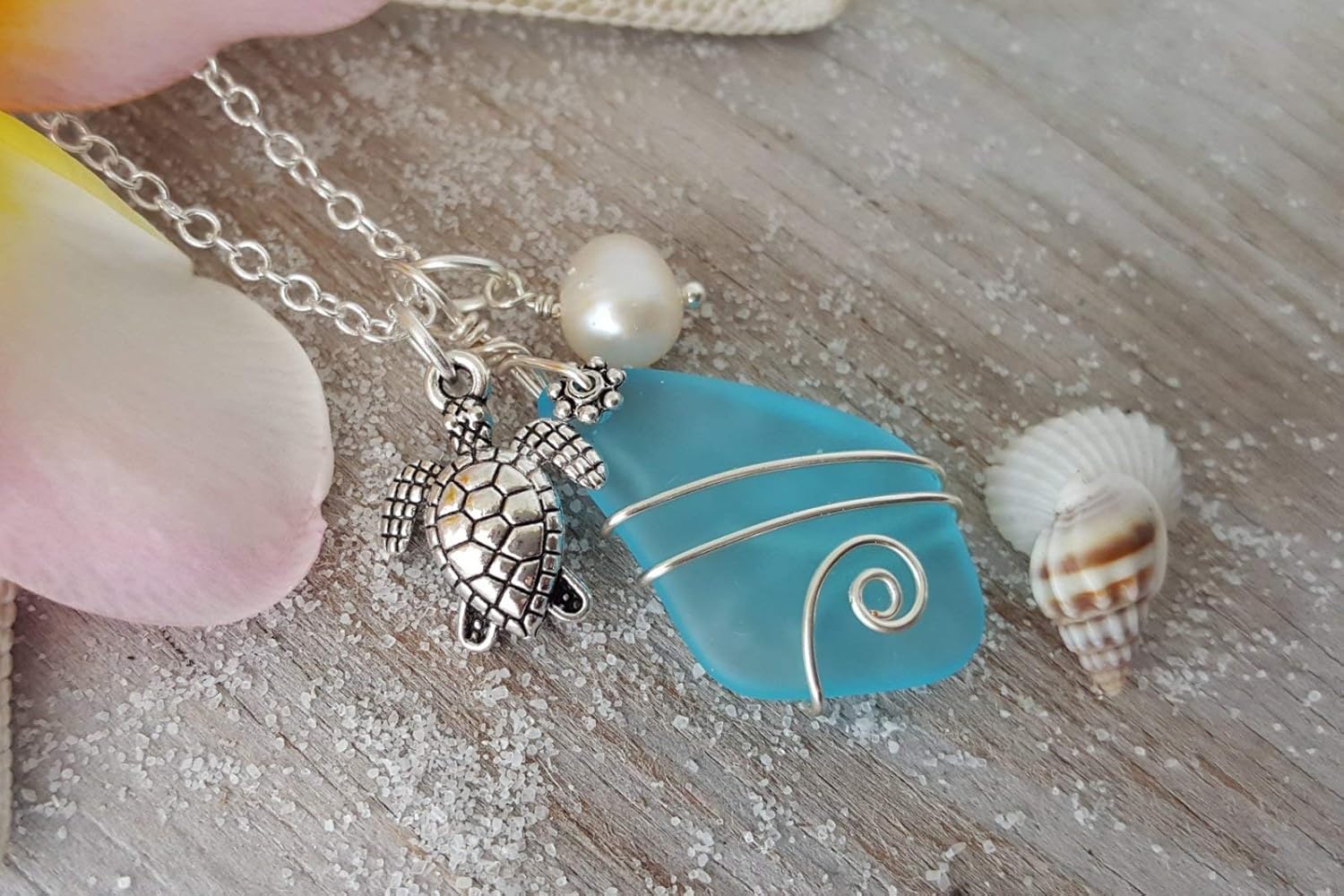 yinahawaii Handmade Sea Glass Necklace, Hawaiian Jewelry For Women, Wire Turquoise Bay Blue Necklace Pearl Turtle Necklace, Unique Beach Jewelry Sea Glass Jewelry For Women (December Birthstone)