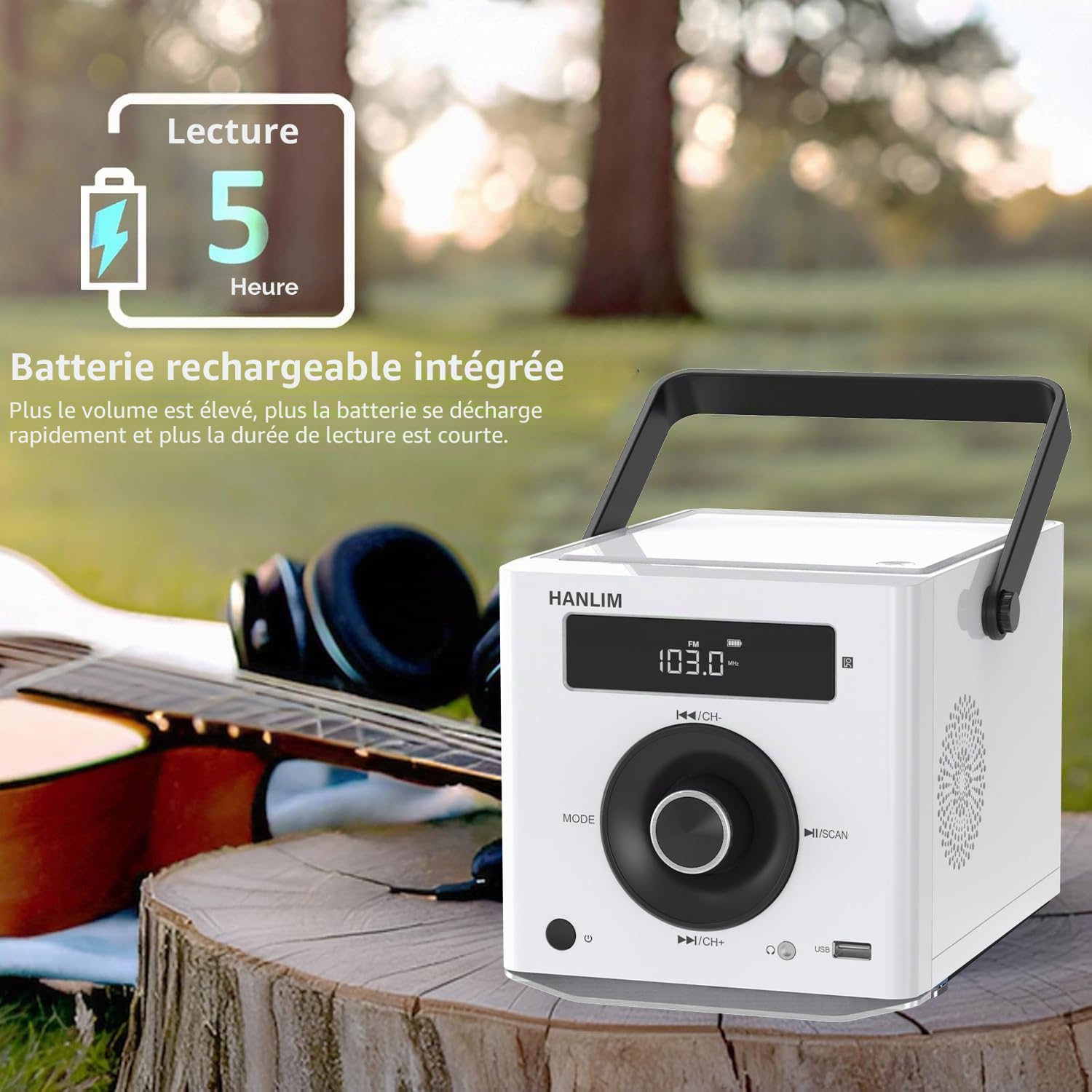 Lecteur CD Portable avec Bluetooth/Radio FM/USB/AUX, Batterie Rechargeable
