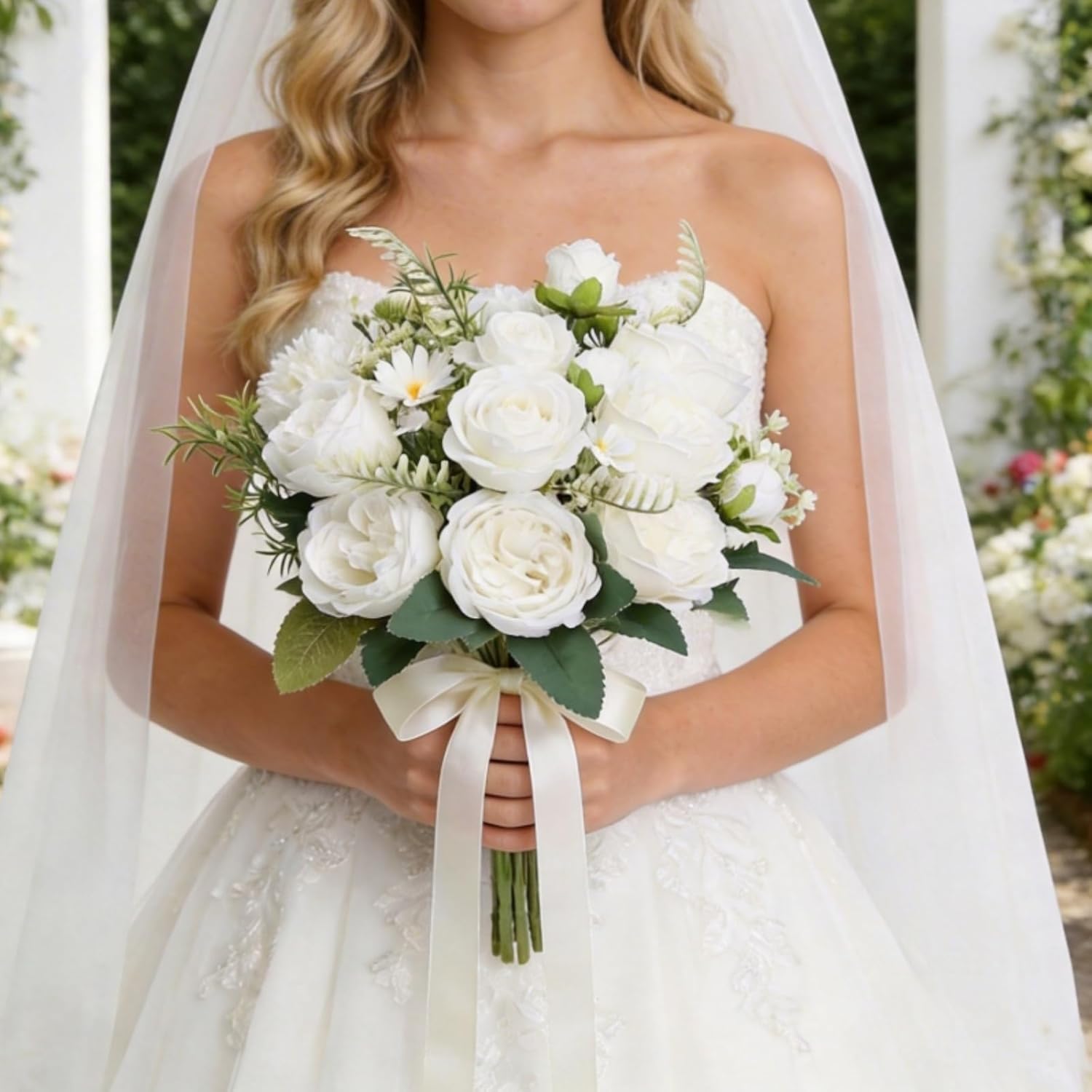 Peonies Artificial Flowers, 24 Bundles Silk Fake Roses with Stems Faux Flower Arrangements for Spring Summer Wedding Bouquet Home Bridal Baby Shower Party Event Centerpieces Vase Office(White)