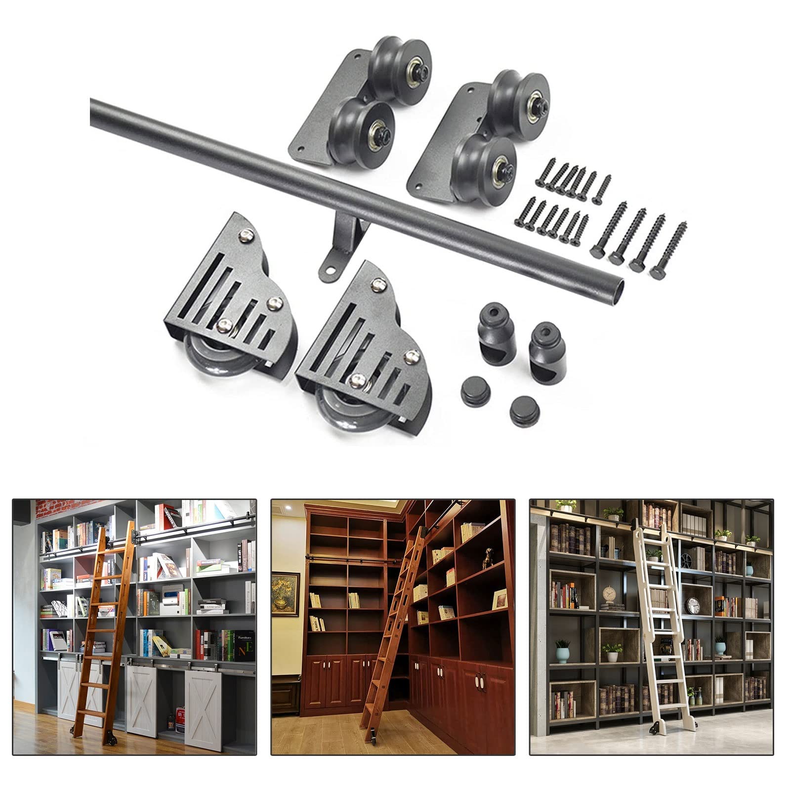 Échelle coulissante MiroDo kit de quincaillerie de rail rond pour votre bibliothèque de salon sur mesure