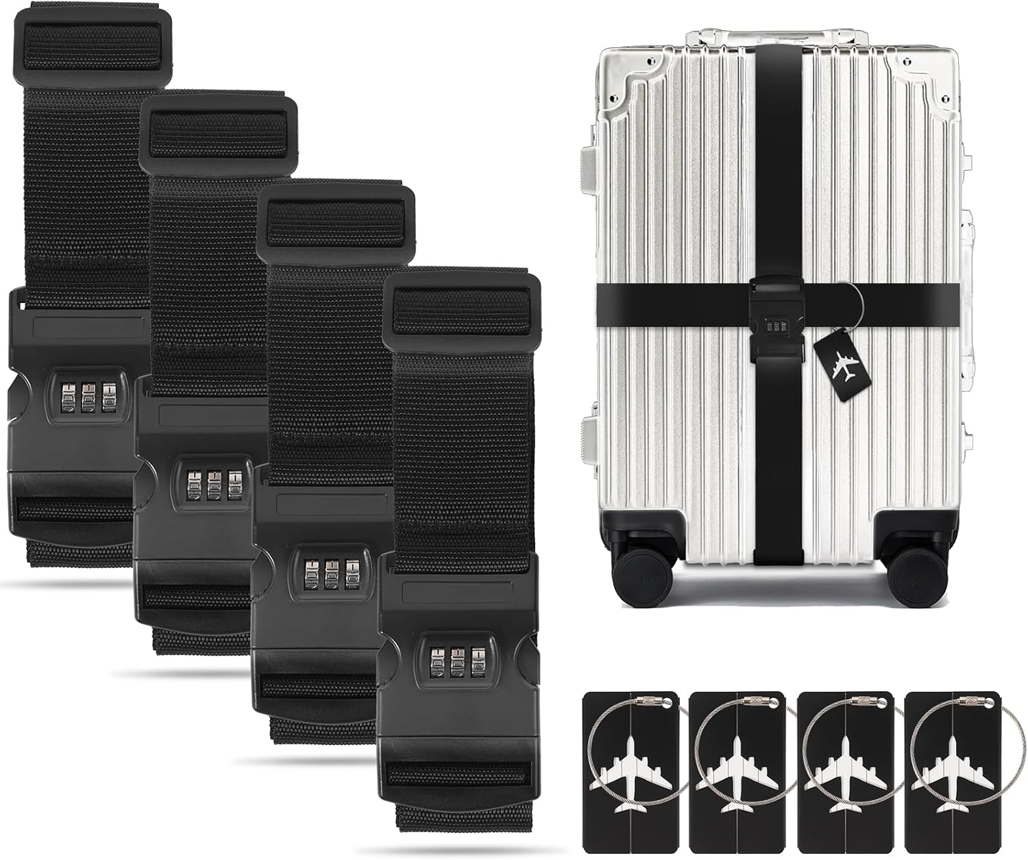 BILIONE 4 Pack Luggage Straps for Suitcase w/Password Lock & Tags (Black)