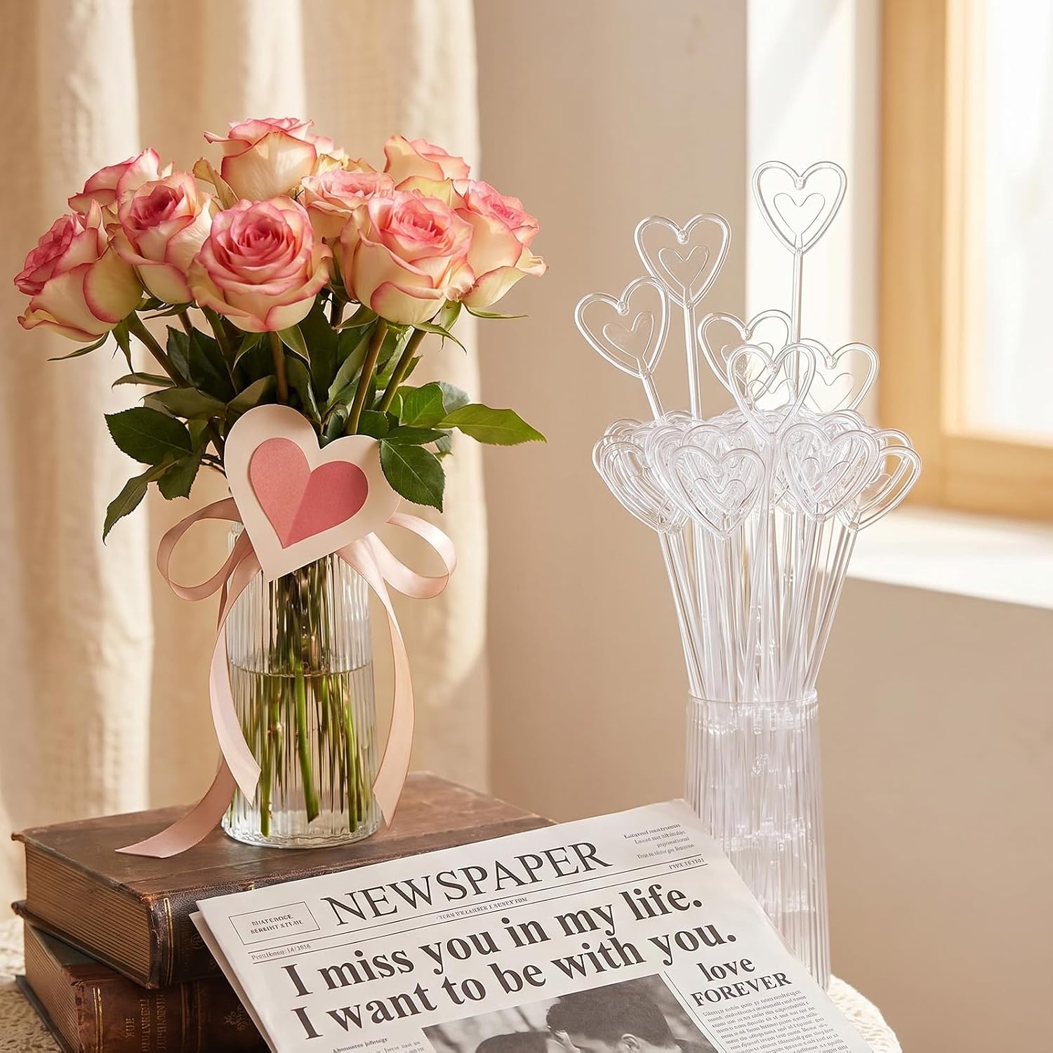 Ouligay 78 PCS Flower Card Holder Stick Plastic Floral Picks Card Holders | Heart Shaped Transparent Photo Card Holder Floral Sticks for Flower Arrangements Bouquet Wedding Birthday Decor 9.06 Inches