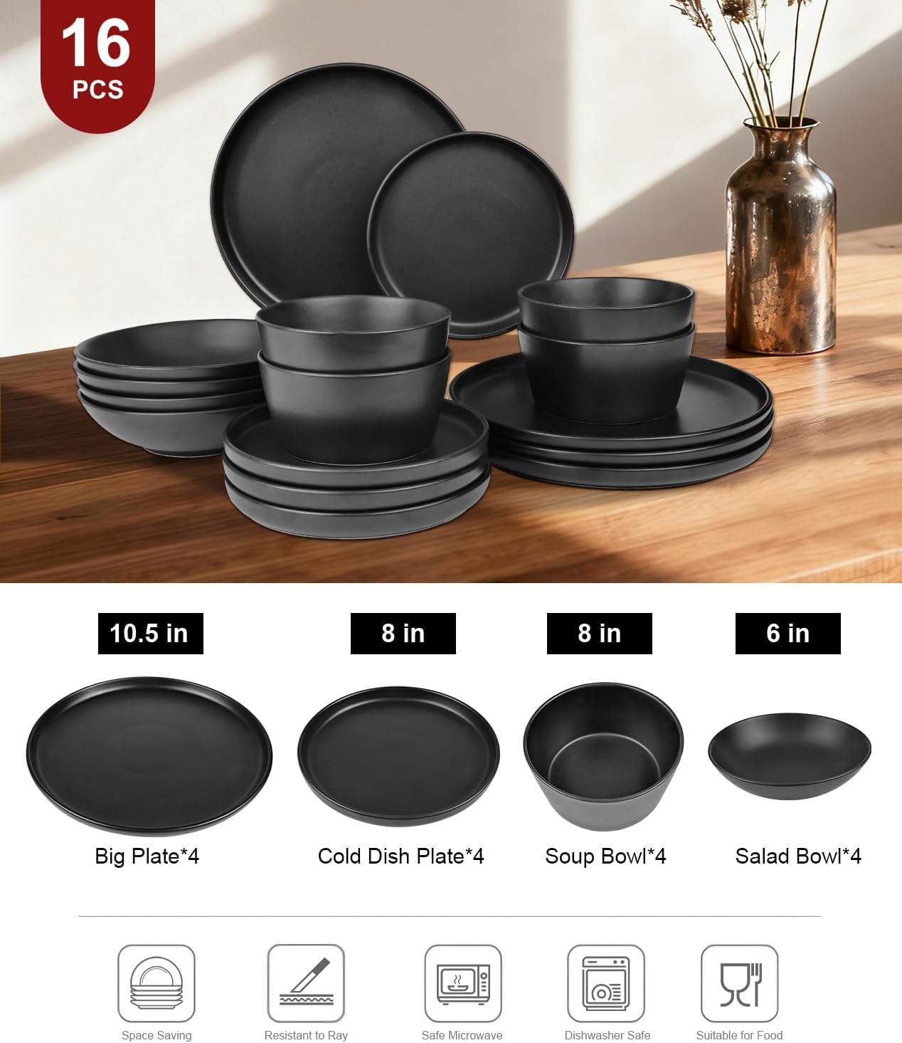 16 Pieces Ceramic Dinnerware set,Plates and Bowls Sets for 4,Black Dinnerware Set for Kitchen, Modern Design Plate Sets with Black Rim, Microwave and Dishwasher Safe