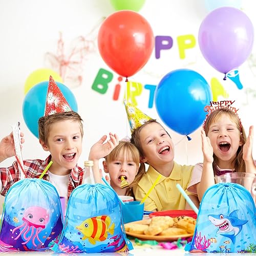 Miniatura 7 de Paterr Paquete de 12 bolsas de mochila con cordón para fiesta de animales del océano, bolsas de regalo de fiesta bajo el mar, bolsas de golosinas