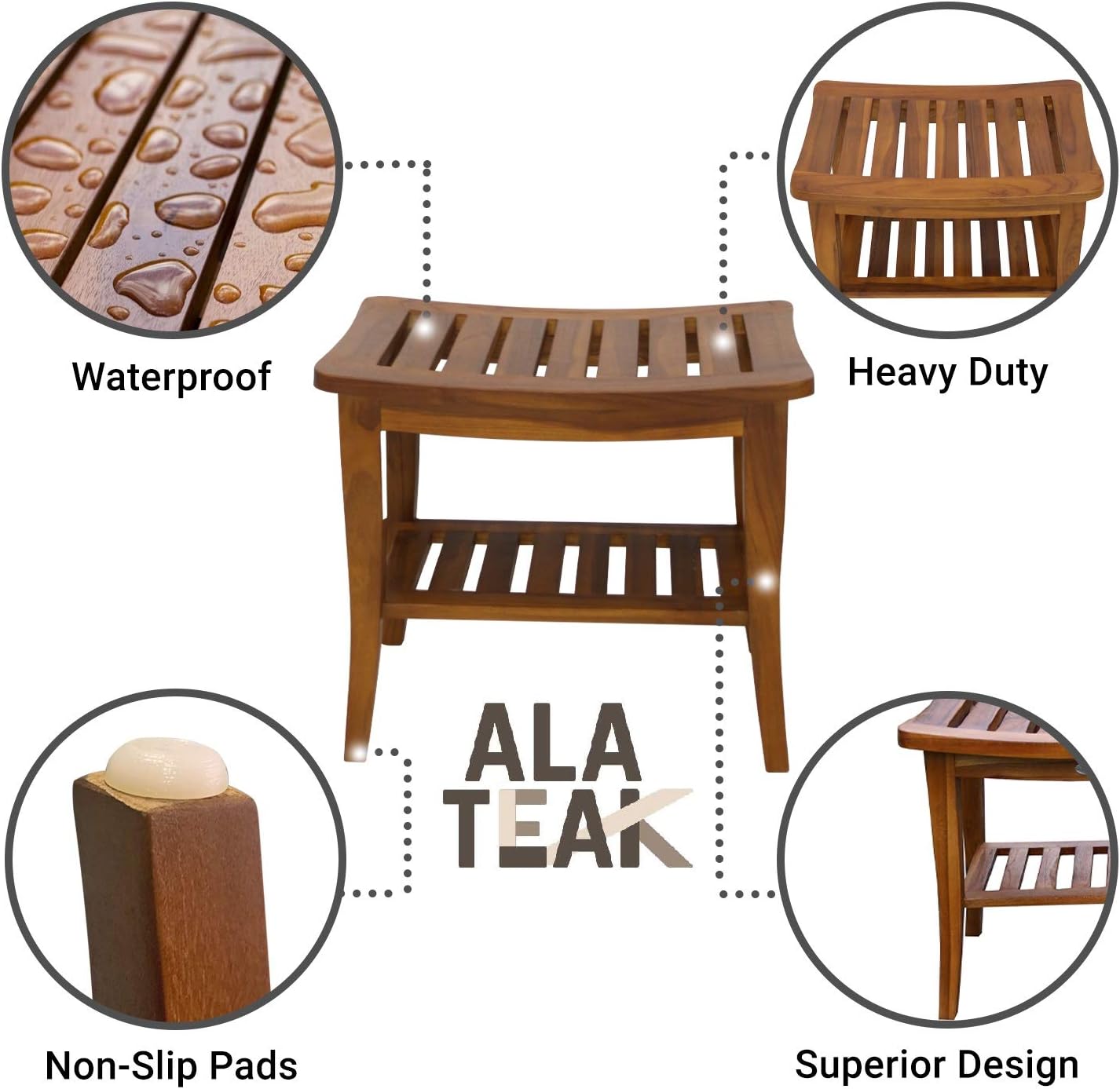 Ala Teak Indoor Outdoor Patio Garden Yard Bath Shower Spa Waterproof Stool Bench Fully Assembled : Patio, Lawn & Garden