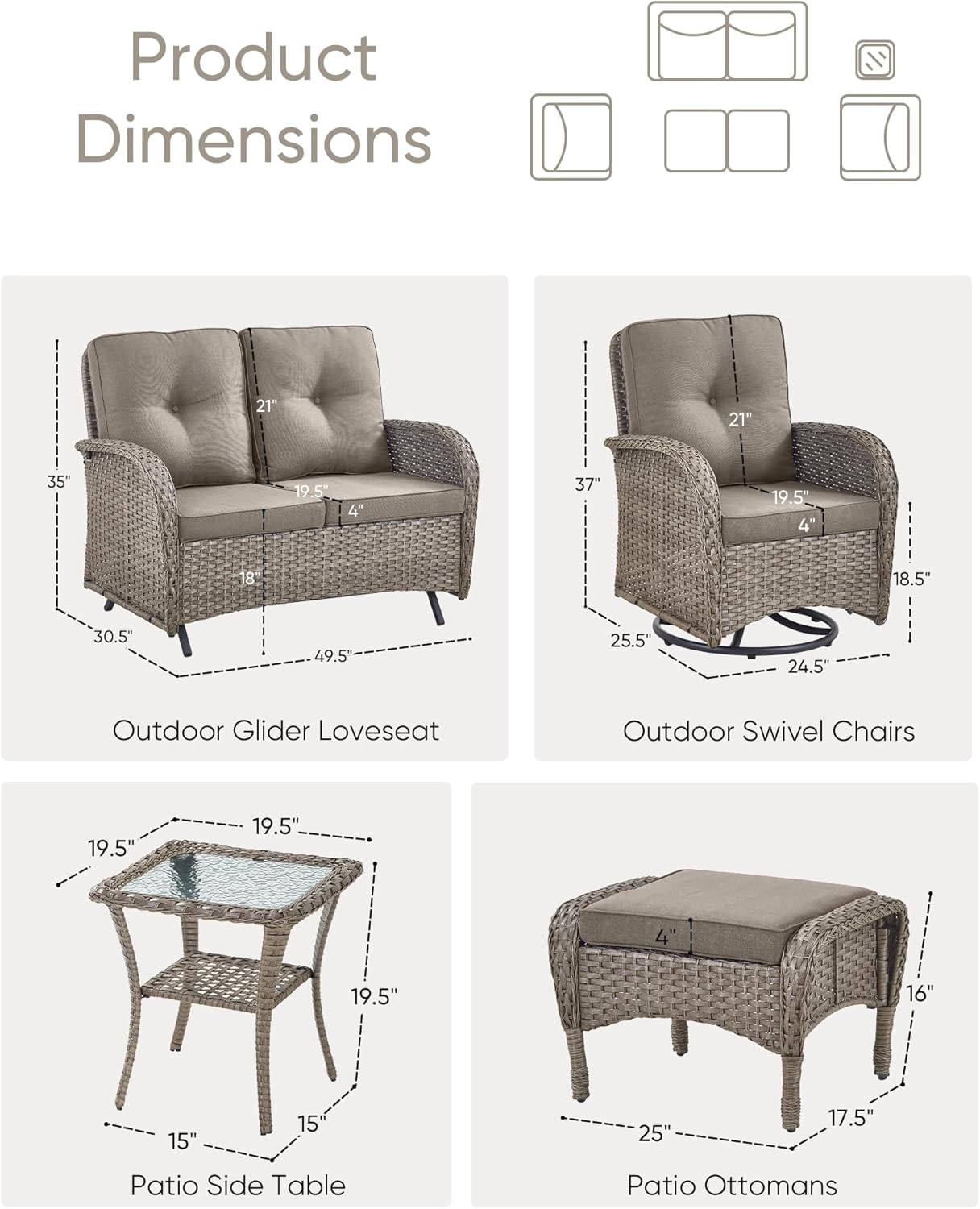 6 Pieces Patio Wicker Furniture Set-Outdoor Swivel Chairs Set of 2 Outdoor Glider Love seat with Outdoor Footstool Patio Furniture for Deck Porch Garden Balcony Poolside-Grey/Grey