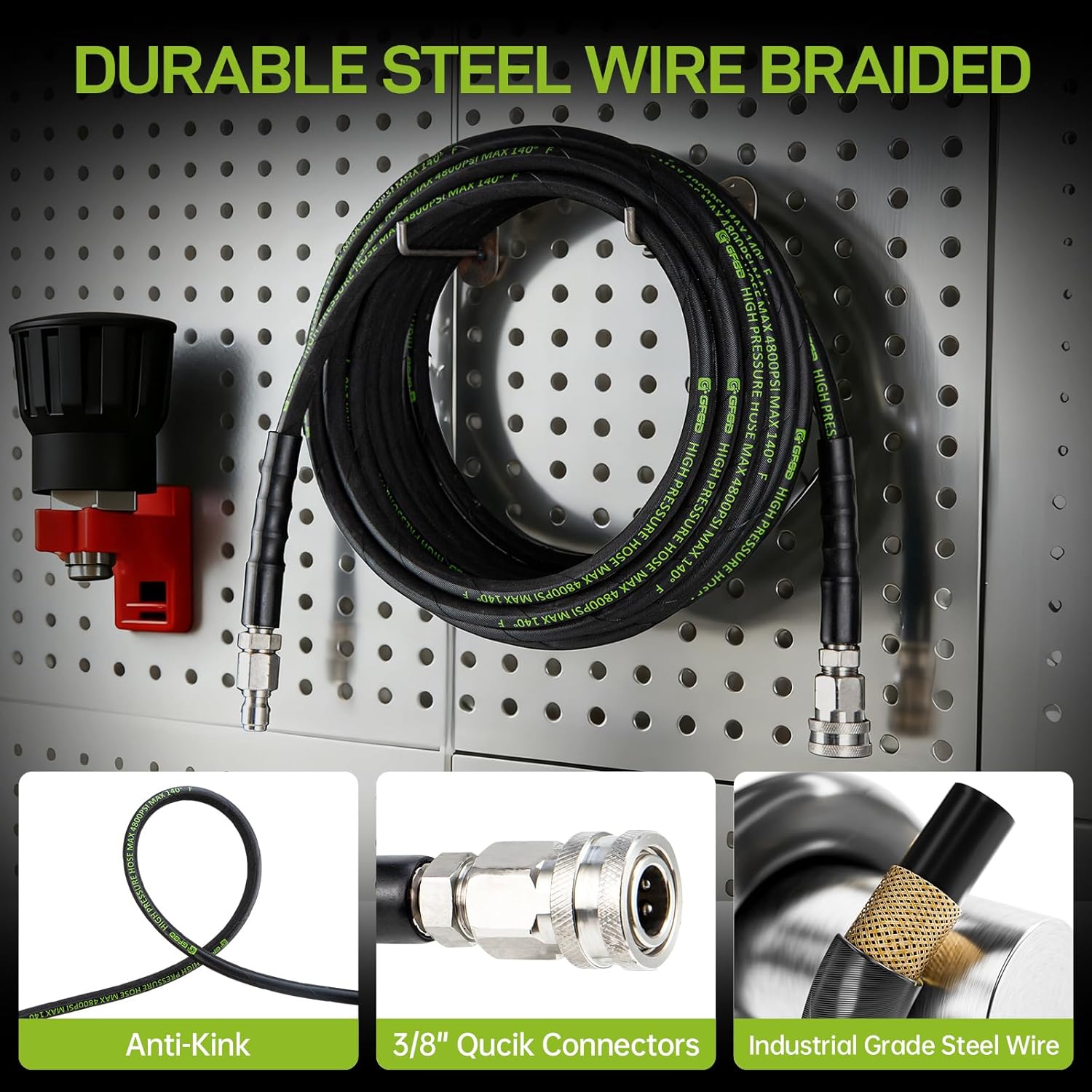 Pressure Washer Hose 25 FT with 3/8” Quick Connect, 4800 PSI Kink Resistant Industrial Grade Steel Wire Braided Power Washer Hose for Hot & Cold Water with M22 14mm Adapter Set