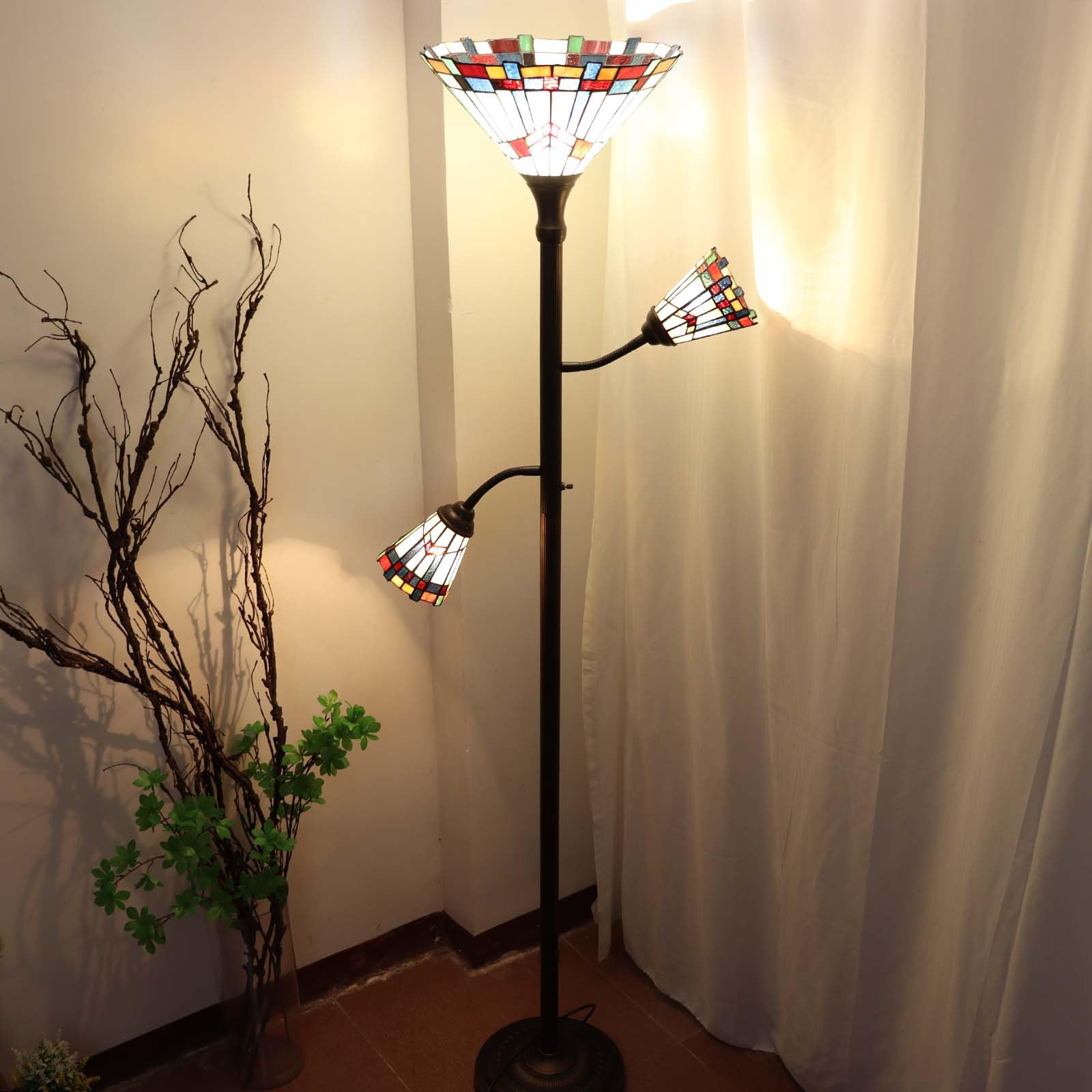 Bieye Tiffany Lampa podłogowa z 3 lampkami do czytania z regulowanymi lampami do czytania, do salonu, wysokość 178 cm (biała, misja)