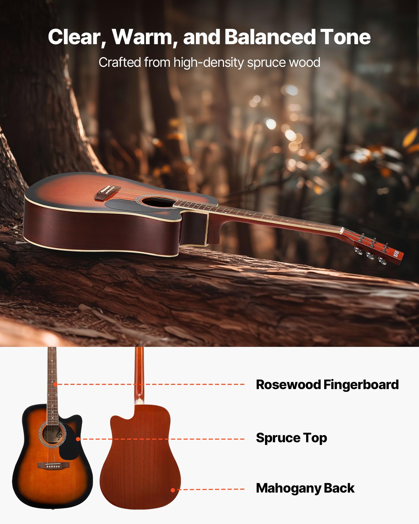 VEVOR Elektro Akustische Gitarre Cutaway 1041,4 mm, Anfängerpaket mit Gigbag, Stimmgerät, Gurt, Stahlsaiten, Plektren, Kapodaster, Palisandergriffbrett, für Fingerstyle-Solo-Jazz, Sunburst