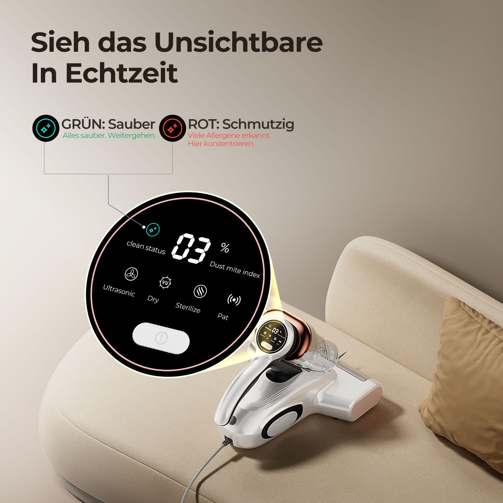 JIGOO J300 Milbensauger mit Staubmilben-Sensor und Intelligenter LED-Anzeige, 500W Milbenstaubsauger mit UV-Licht, Ultraschall, Für Allergiker, entfernt 99,9% Allergene von Matratzen, Betten und Sofas