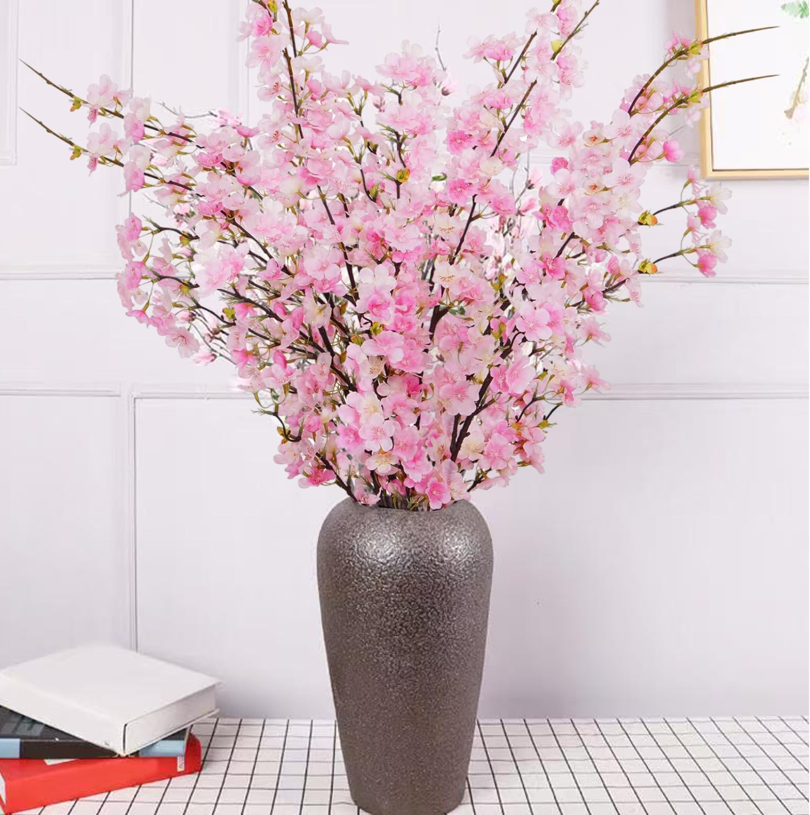 Artificial Cherry Blossom Branches,3PCS Faux Cherry Blossom Stems Peach FlowerSilk Peach Flowers Bulk Plum Blossom Flowers with Leaves Cherry for Spring Wedding Indoor Outdoor DIY Party Decor,Pink