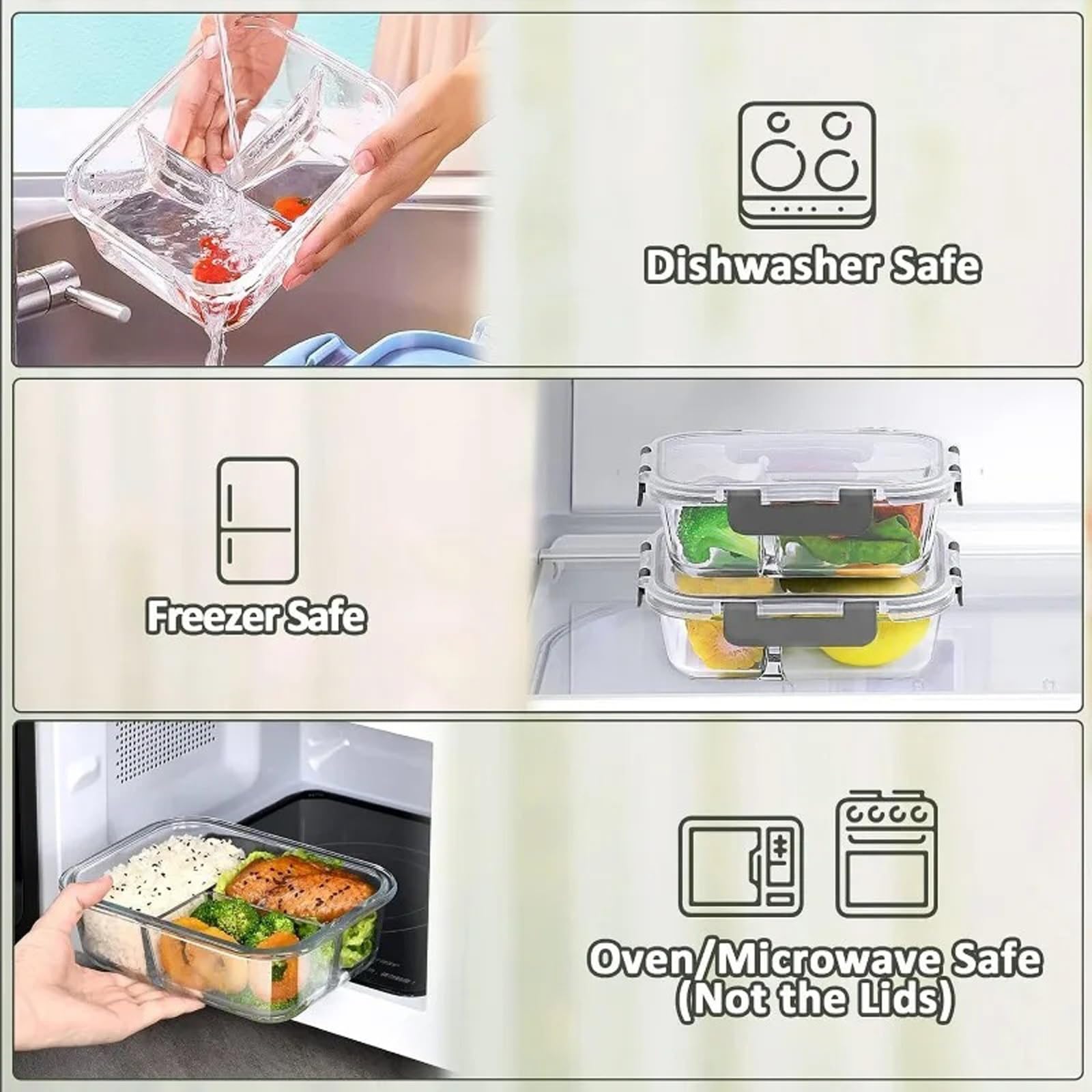 Szklane pojemniki do przygotowywania posiłków z pokrywkami, 3 przegrody, pudełka na lunch, do kuchenki mikrofalowej i zamrażarki, bezpieczne pudełka Bento (szare)