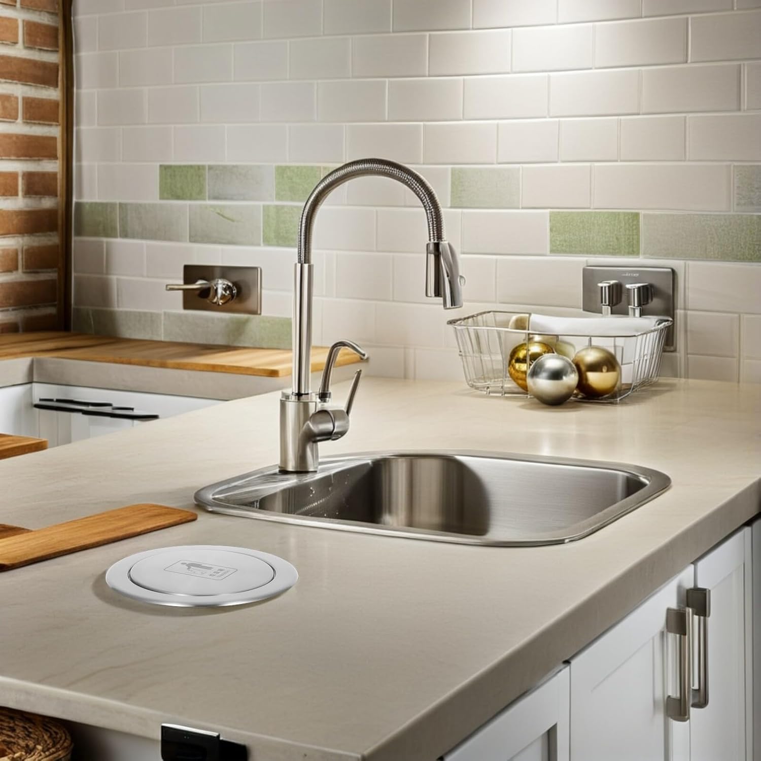 Embedded Stainless Steel Trash Can Lid with Swing Cover, round Countertop Waste Bin Lid for Kitchen and Bathroom, Recessed Garbage Can Cover for Sink and Counter Use