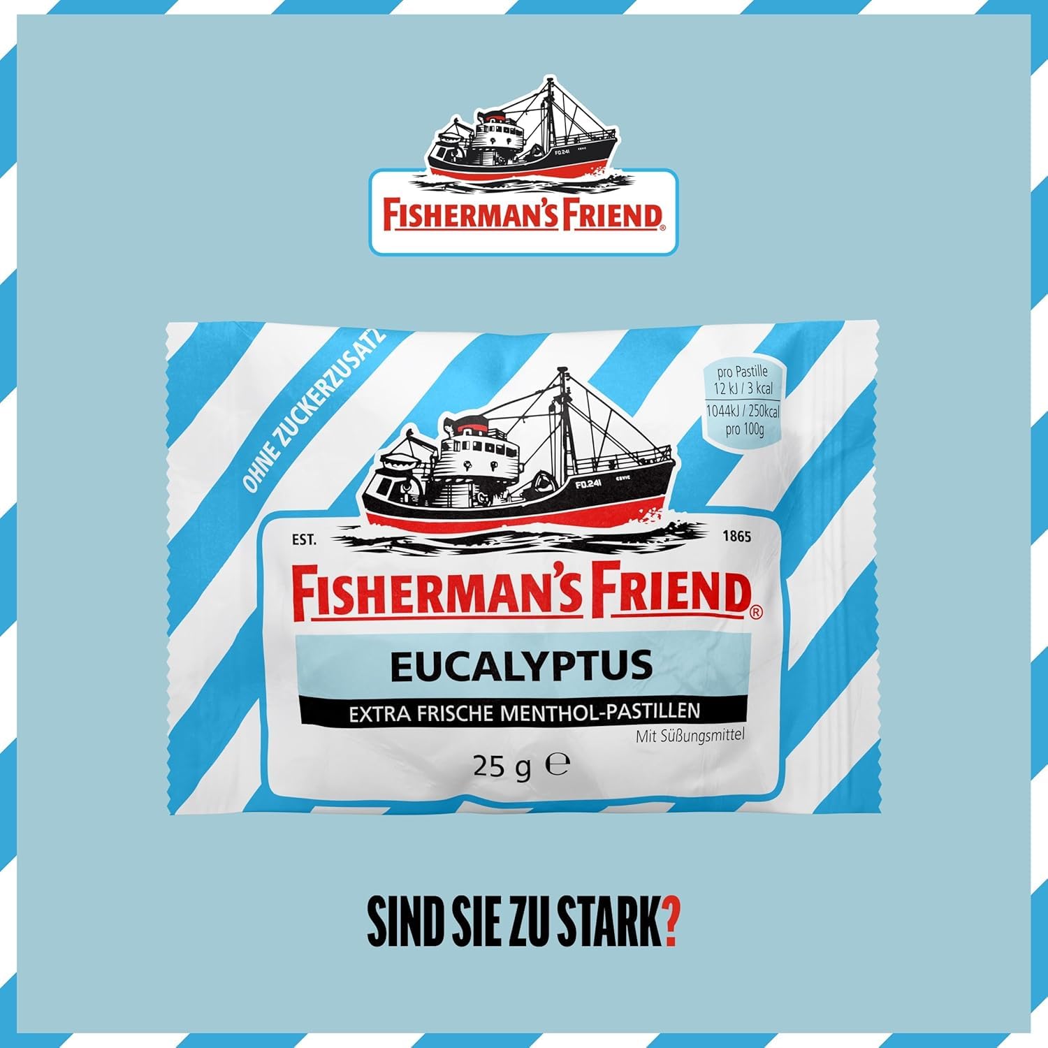 Fisherman's Friend Eucalyptus, 24er Vorratsbox, Eukalyptus und Menthol Geschmack, ohne Zuckerzusatz & vegan, Bonbons für frischen Atem, 24 x 25g