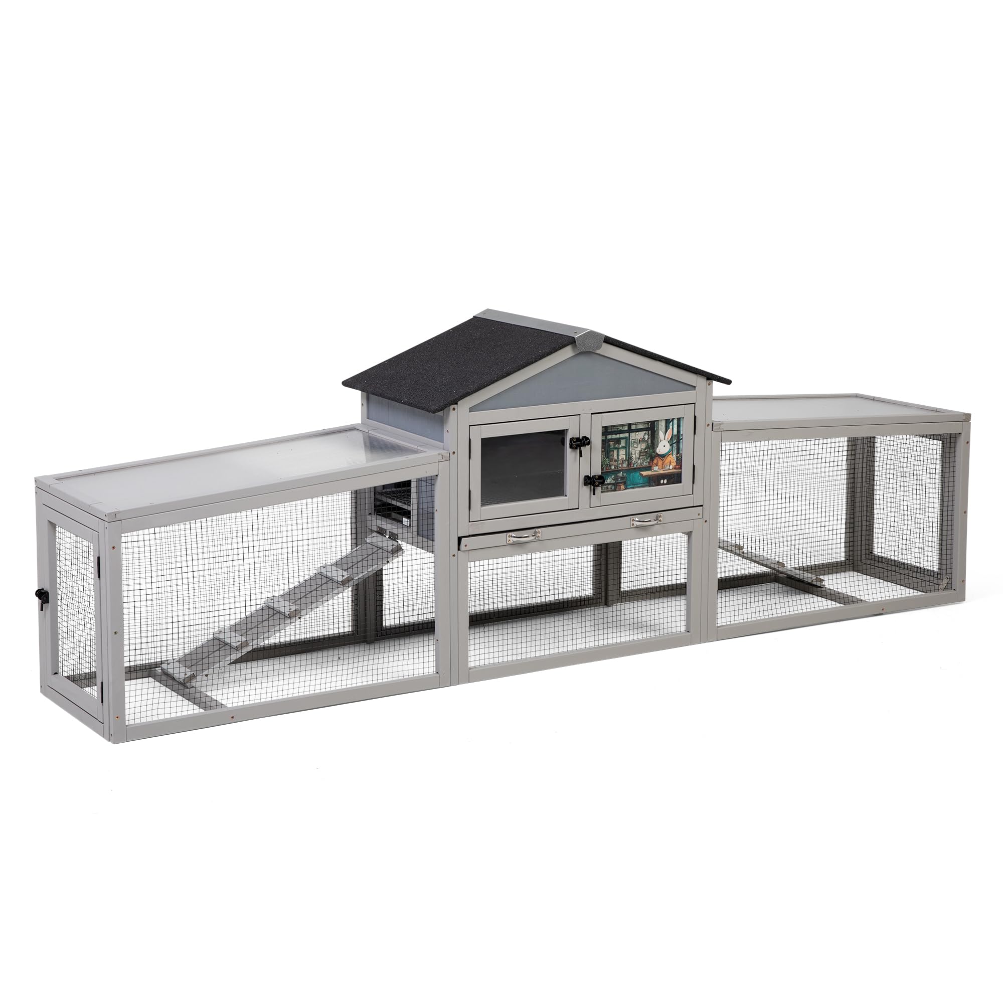 Großes Kaninchenhaus 207x47x82 cm mit Freilaufgehege und wetterfestem Unterschlupf, zweistöckiger Stall aus Fichtenholz für Kaninchen & Kleintiere