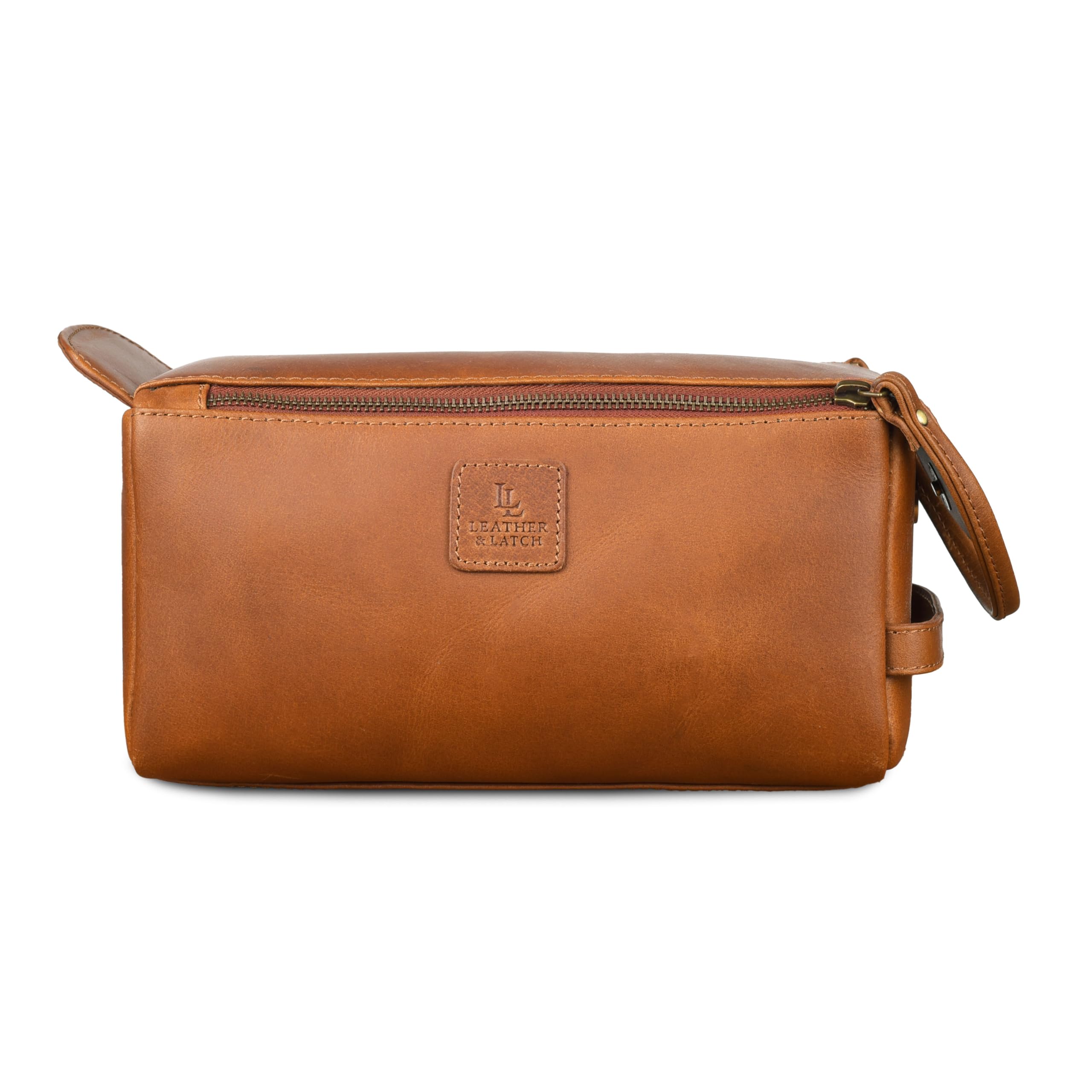 Leather & latch Beauty case unisex in pelle vintage di alta qualità, kit da viaggio per rasatura e cosmetici, organizer per uomini e donne (marrone cognac)