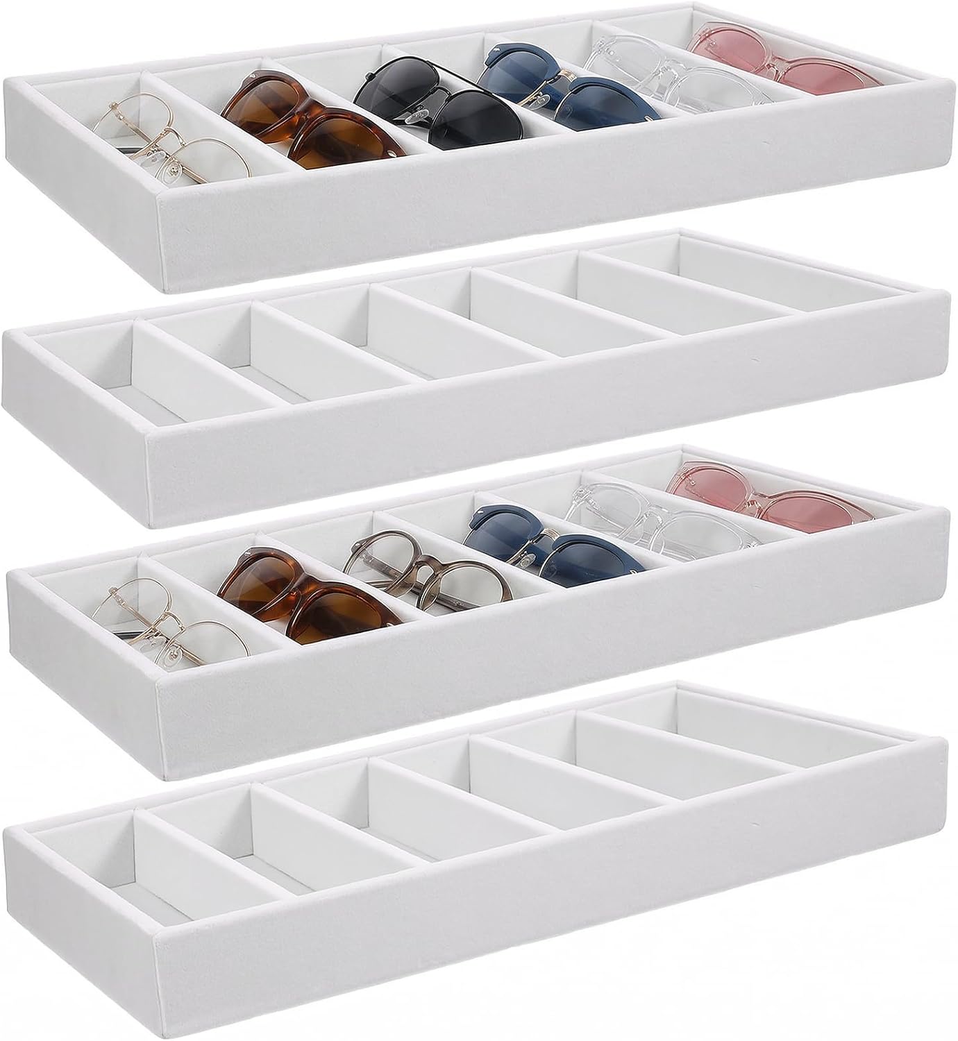 4 Pack Velvet Sunglasses Organizer Tray, 6 Grid Eyeglass Storage Display Case, Stackable MDF Drawer Organizer for Glasses, Jewelry, Watch, Cosmetics (Beige)