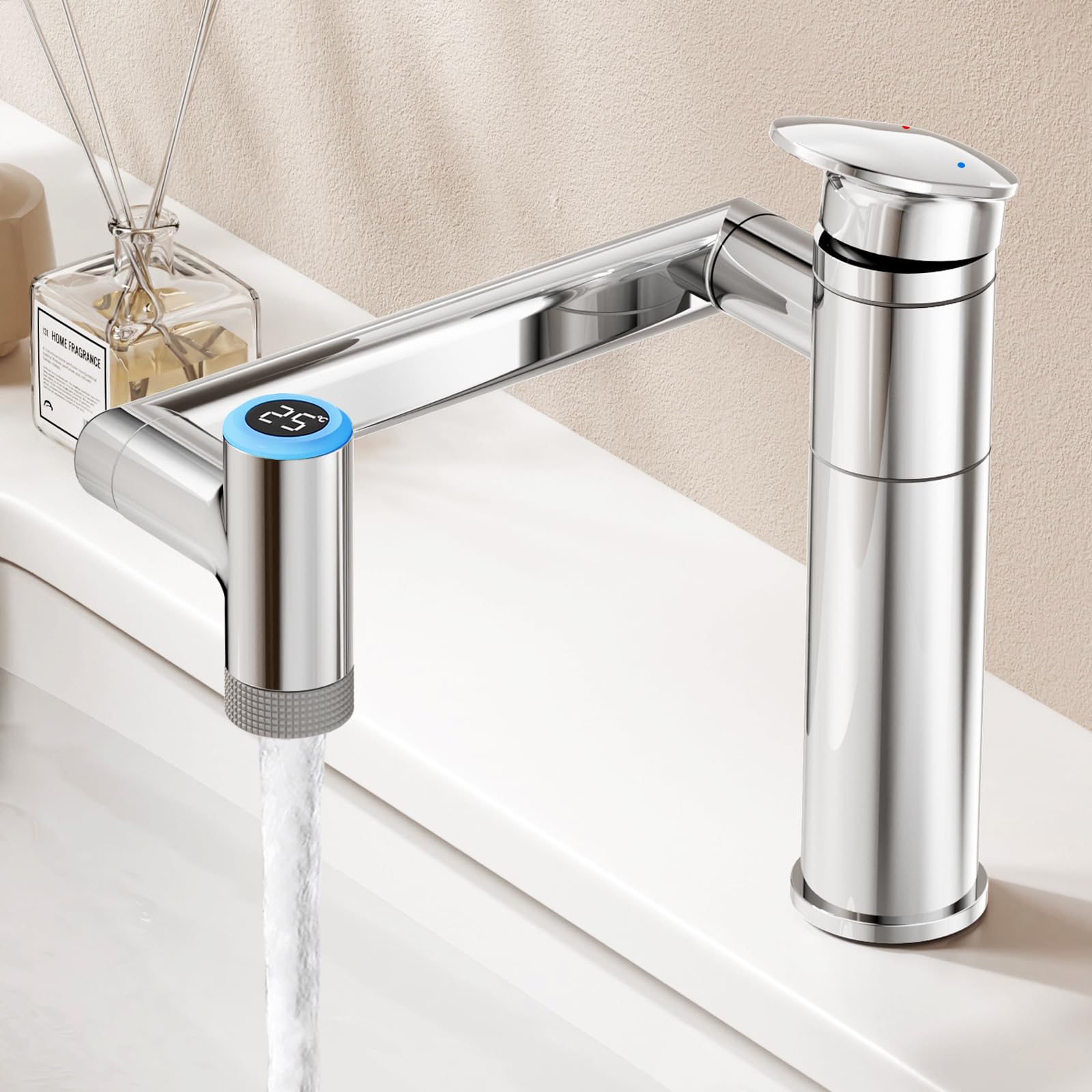 KAIYING Grifo de lavabo giratorio 1080°, grifos de altura ajustable, indicador de temperatura (sin batería), 1 agujero para baño (cromo) | Grifo de lavabo con indicador de temperatura (baterías). Grifería de lavabo regulable en altura. 2 modos de grifo de