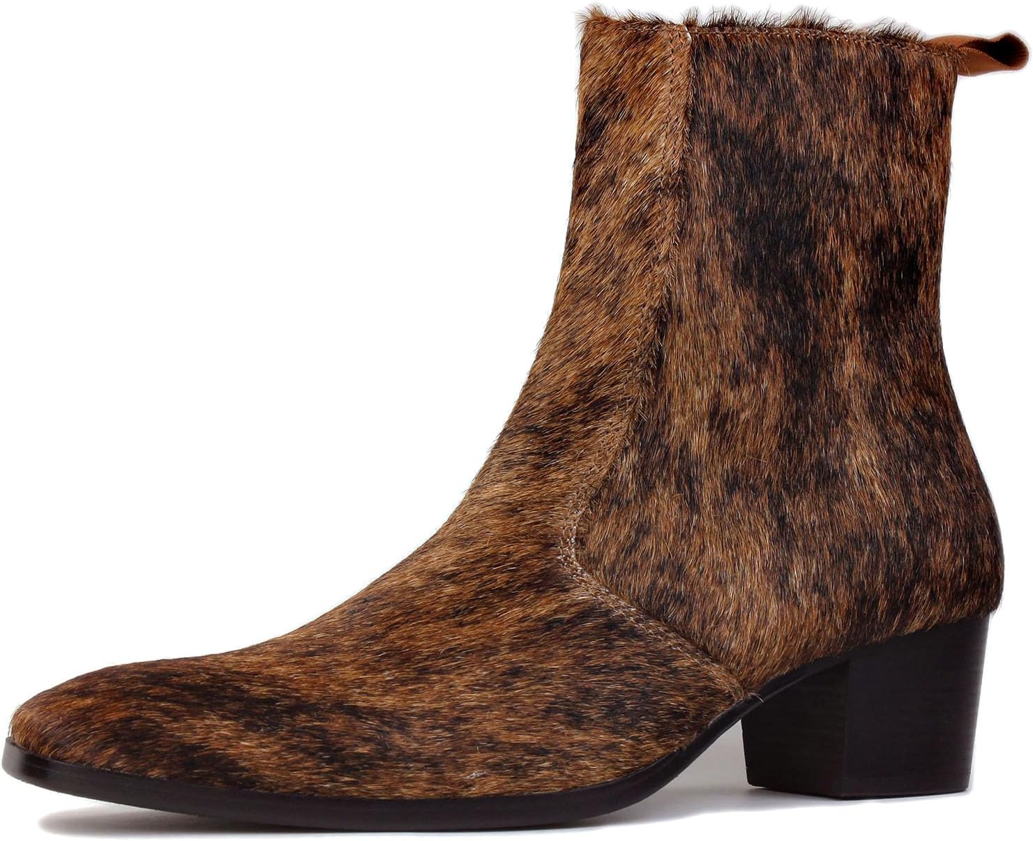OSSTONE Men Chelsea Ankle Boots Leather Pony Hair Chukka Boots with Side Zipper Heel Dress Boots OS-JY021-D-R Wild Brown