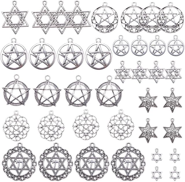 SUNNYCLUE 10 Styles Large Size Pentacle Hexagram Star Charms Protection Lucky Charm Vintage Star Pendants for DIY Earrings Bracelet Necklaces Jewellery Making, Antique Silver