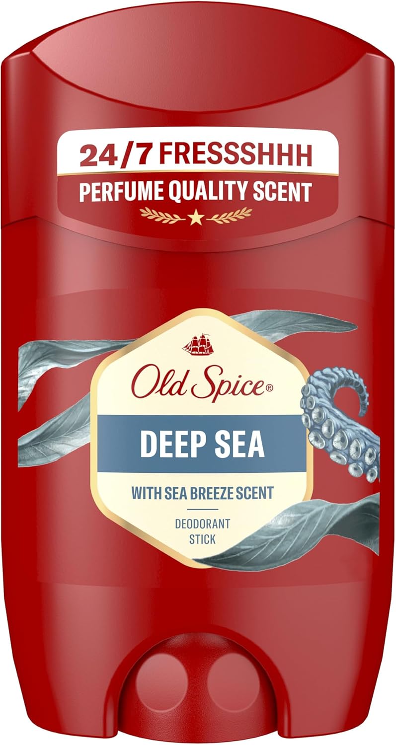 Pack de cuatro unidades del desodorante en barra Old Spice Deep Sea con su característico diseño.