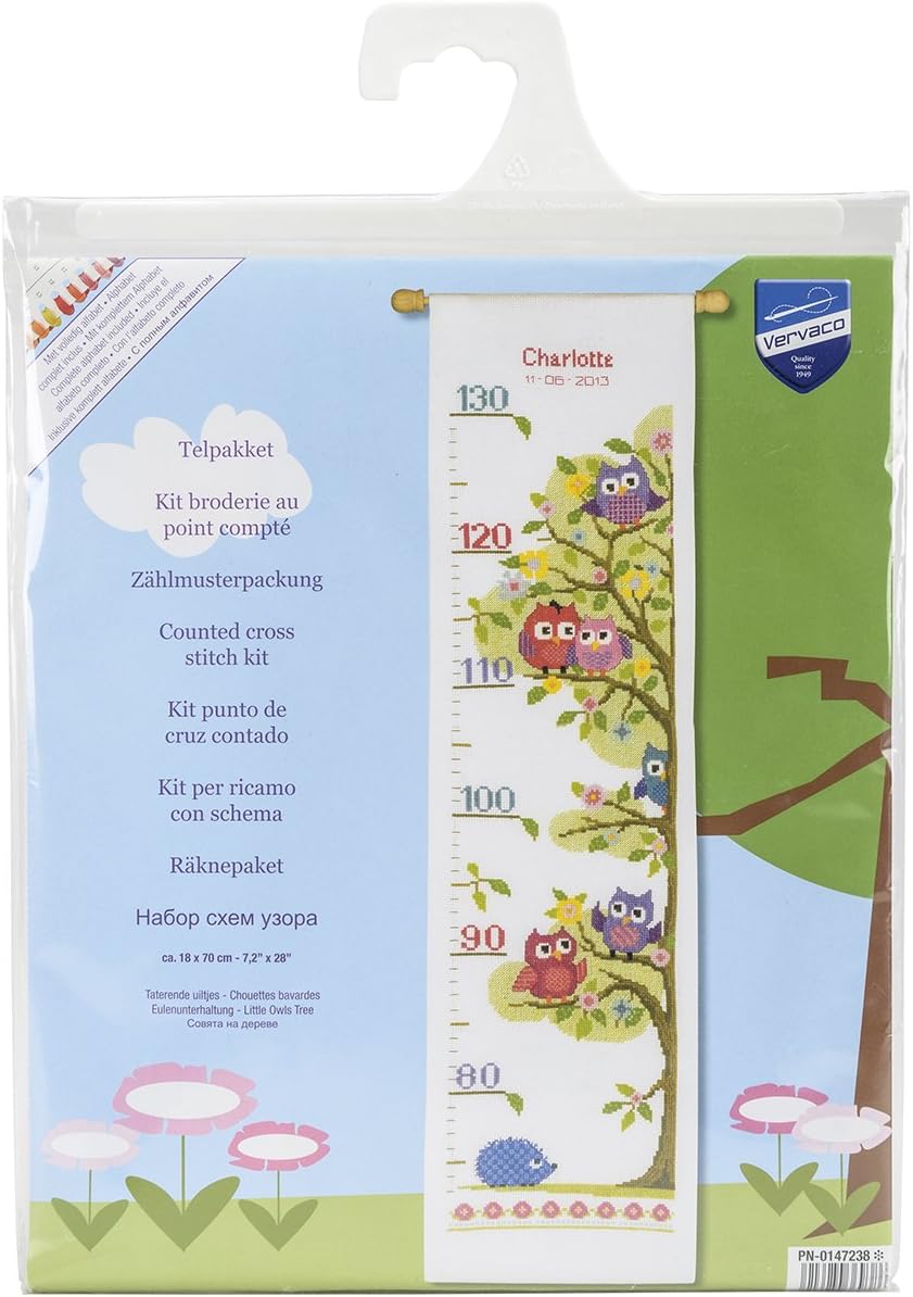 Vervaco Little Owls on Tree Height Chart on Aida Counted Cross Stitch, 7.25" by 28"