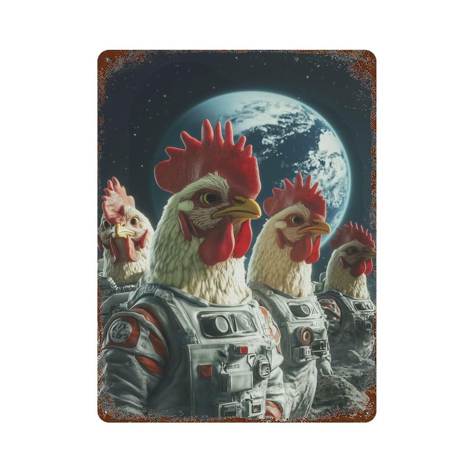 Space Chickens Rusty Metal Tin Sign 15.7"x11.8", for Basement, Hobby Room And Garage Decor, Retro Wall Decor