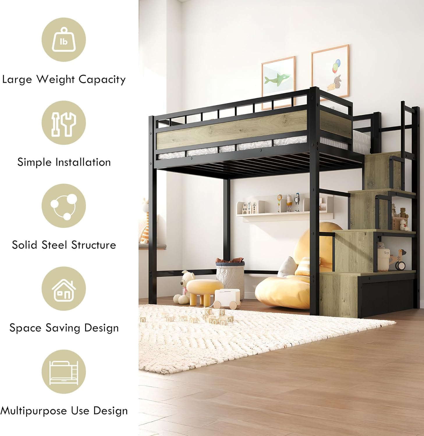 SDHYL Twin Size Loft Bed, with Storage Stairs & Drawers,Space-Saving Heavy-Duty Metal Bed Frame, No Box Spring Needed, Ideal for Dorms and Small Rooms, Easy Assembly, Black