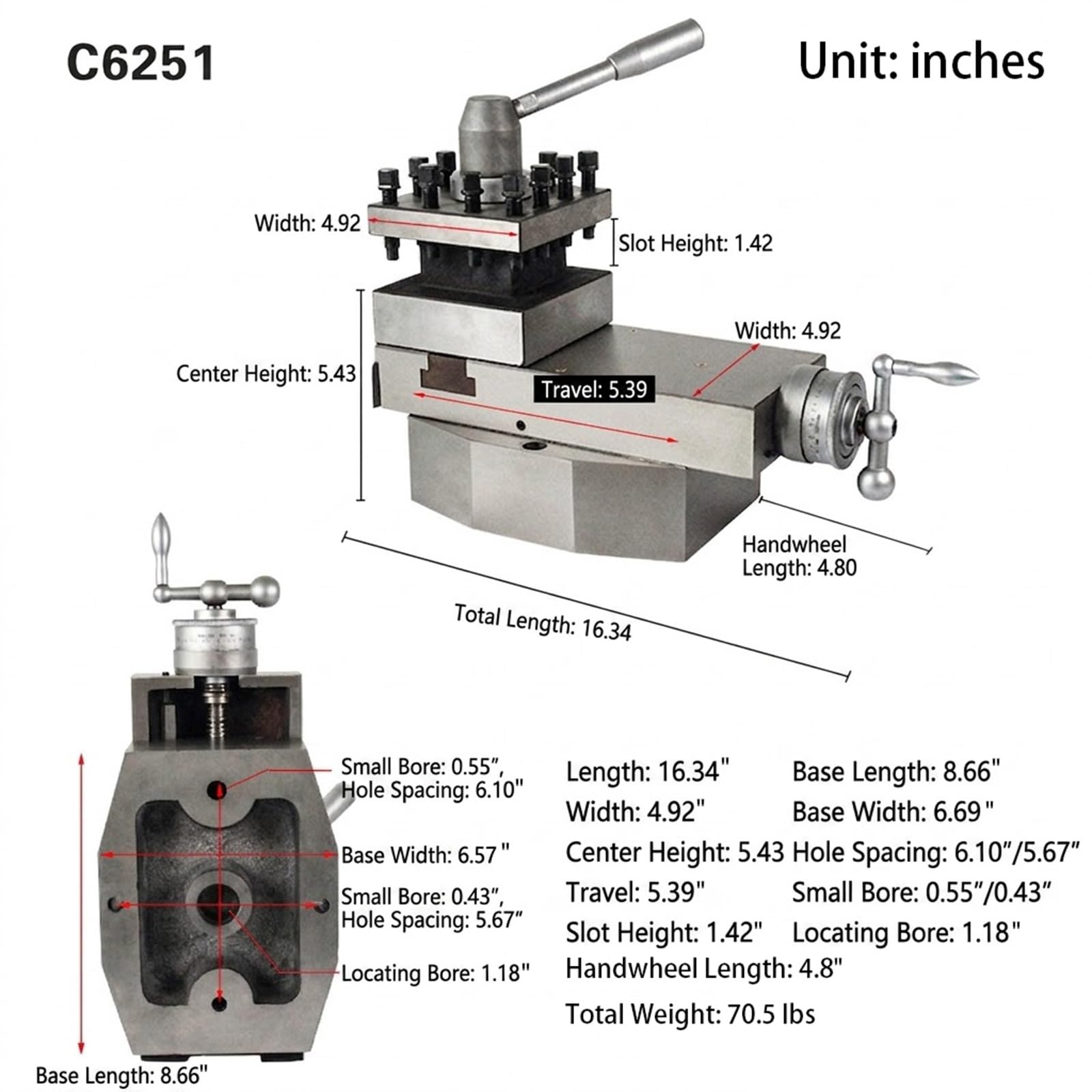Assemblage de poteau d'outil de tour, hauteur centrale de 13,8 cm, voyage de 13,7 cm pour tour à lit creux C6251, acier inoxydable compatible avec les métaux non ferreux et les matériaux d'ingénierie