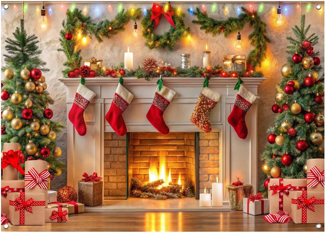 Amazon.com : AIIKES 82.6x59 Inches Christmas Fireplace Backdrop Winter ...