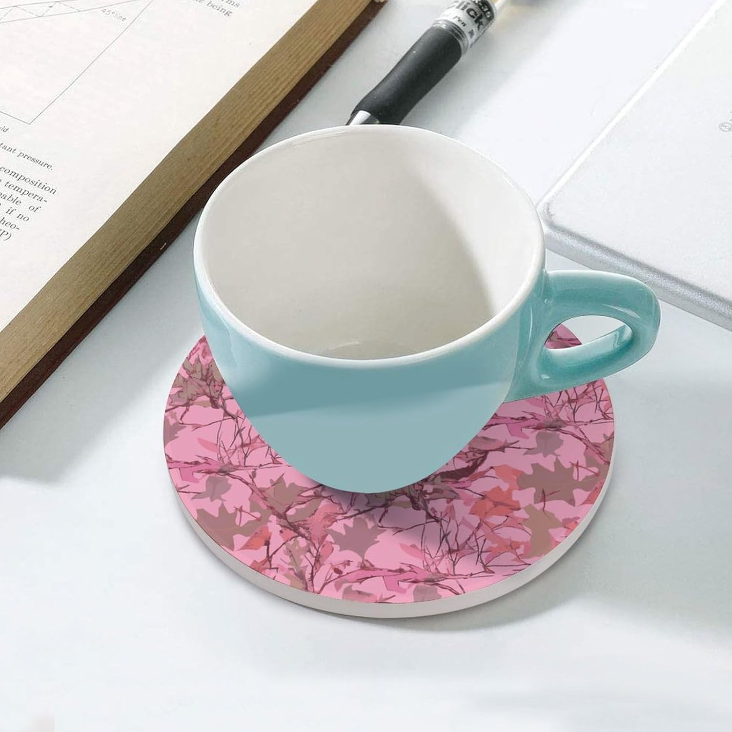 Pink Leaves Camo Coaster with Cork Base Drink Coasters for Coffee Table Decor Modern Cup Coasters with Non-Slip & Heat-Resistant Cute Ceramic Table Coaster for Home Dining