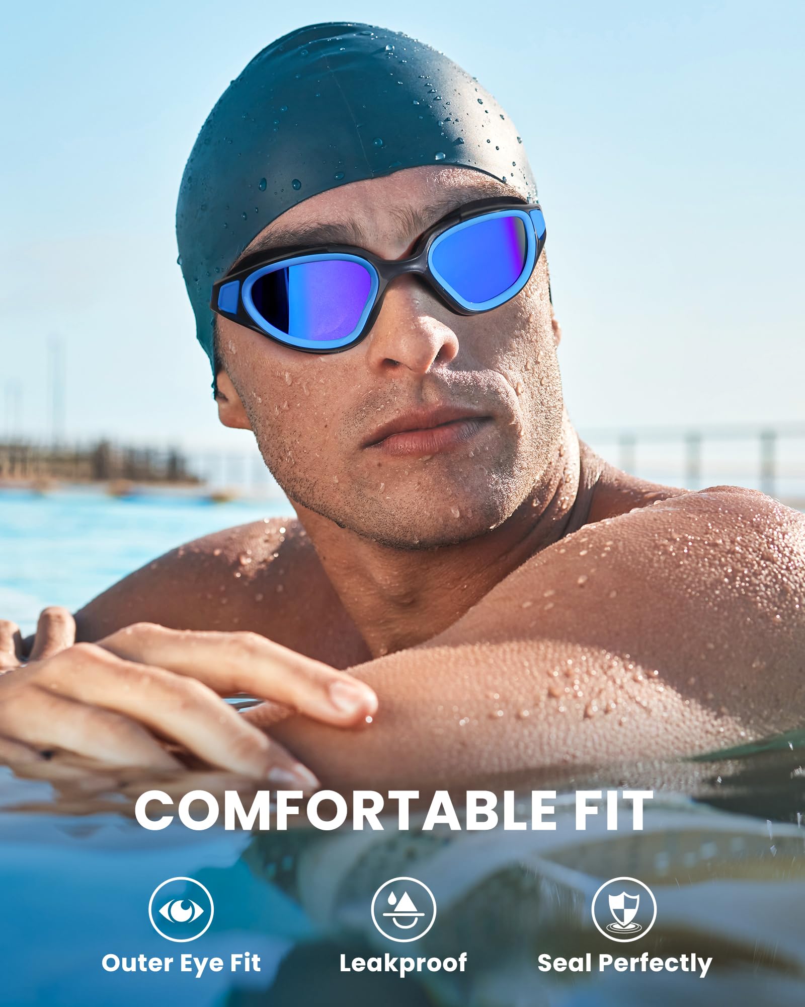 Freela Gafas de natación polarizadas para adultos, hombres y mujeres, gafas de natación para piscina de agua, visión amplia, transparente, antivaho, protección UV, gafas de natación azules para