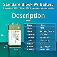 Vista 2 de Hixon Baterías de litio recargables USB de 9 V, baterías de iones de litio de larga duración de 760 mAh de 9 voltios con cable de carga tipo C