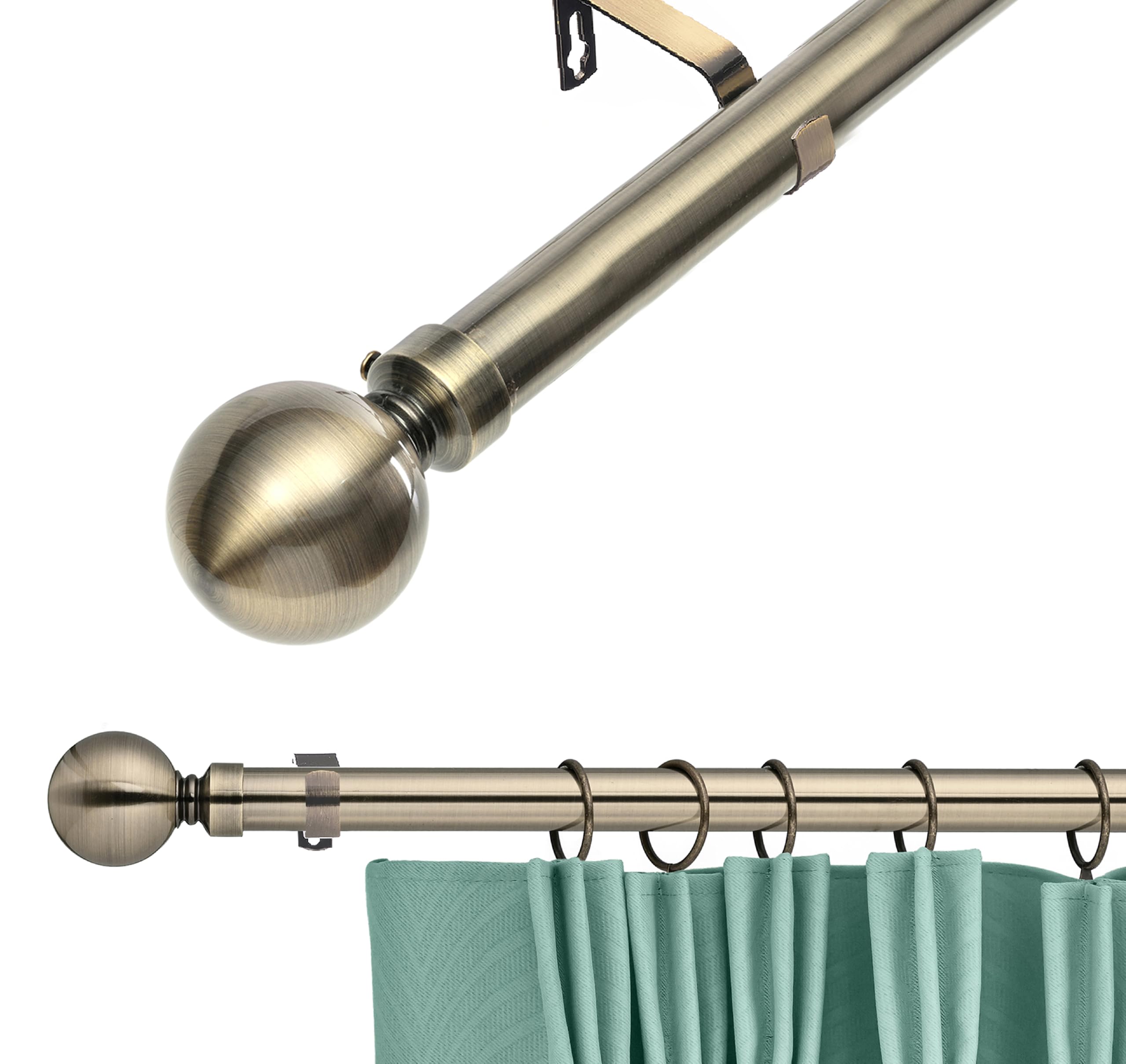Lister Cartwright Antique Brass (Ball Finial) 28Mm Antique Brass Adjustable Telescopic Extendable Metal Curtain Pole Set With Ball Finial Voile Easy Fit To Outdoor, Bedroom, Living Room (210-400 Cm)