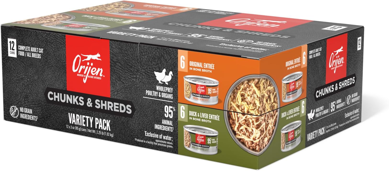 Chunks & Shreds Wet Cat Food Variety Pack: Original + Duck & Liver Recipes 3oz Cans (12 Count, 6 of Each)