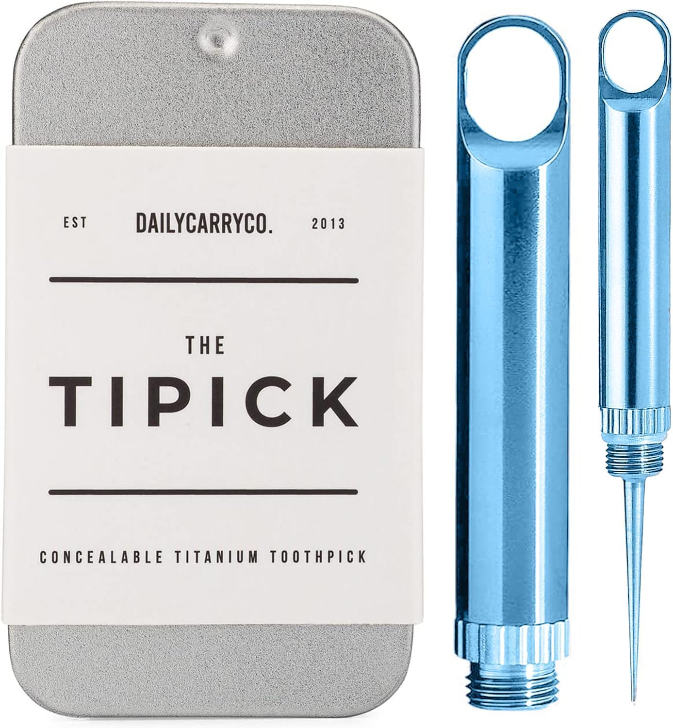 DAILYCARRYCO. TiPick Titanium Toothpick - Portable Metal Travel - Reusable EDC Micro Toothpick - Compact & Convenient - Carry On-The-Go - Titanium Construction, Ice Blue