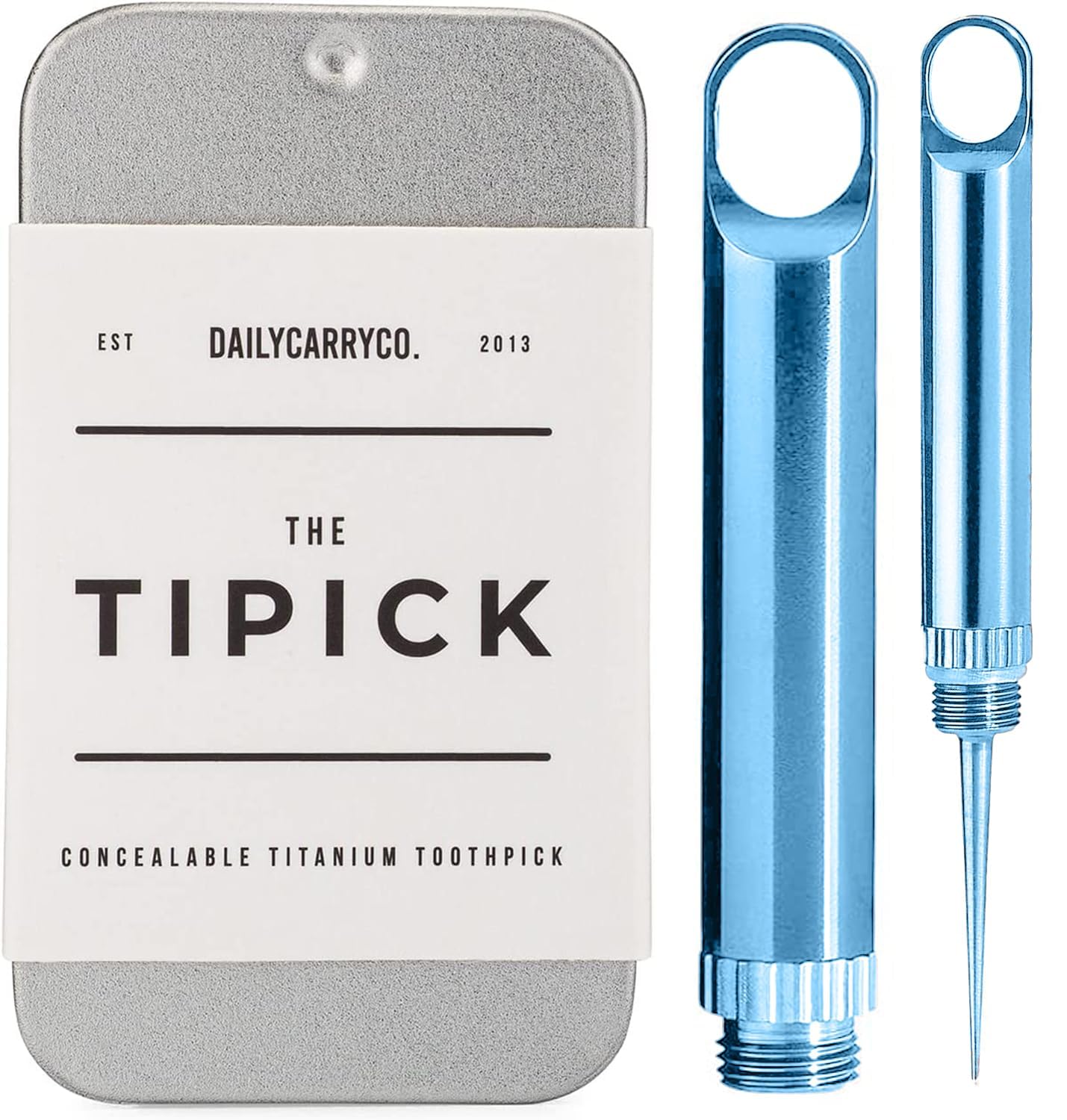 DAILYCARRYCO. TiPick Titanium Toothpick - Portable Metal Travel - Reusable EDC Micro Toothpick - Compact &amp; Convenient - Carry On-The-Go - Titanium Construction, Ice Blue