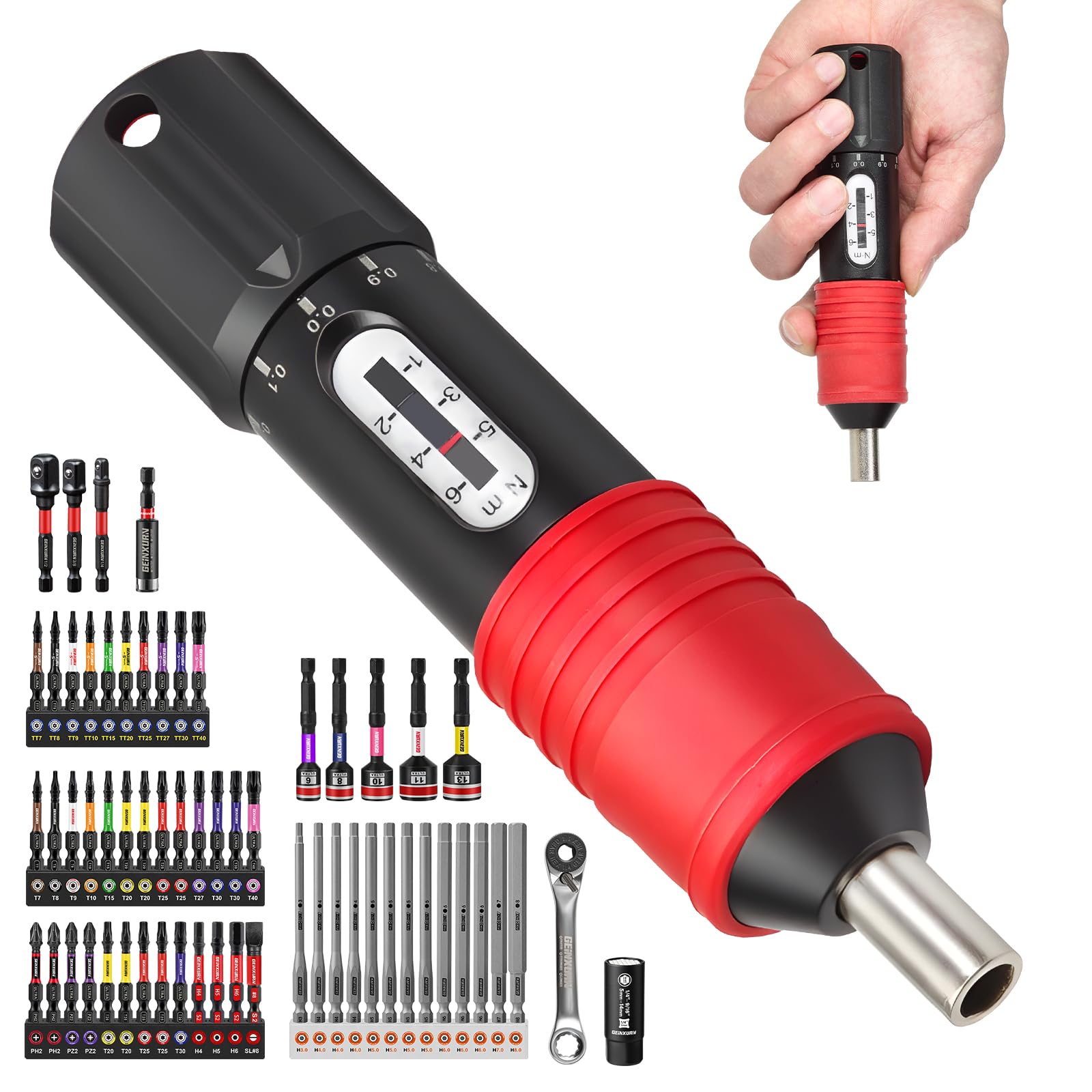 GEINXURN Set di 61 cacciaviti dinamometrici regolabili (1/4 pollici), set industriale SAE con cacciaviti rotativi speciali regolabili con attacco universale, chiave a bussola