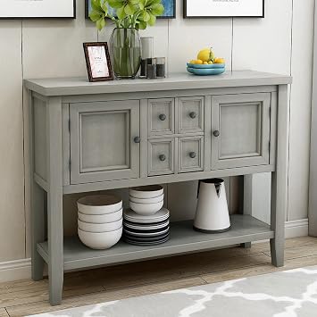 P PURLOVE Console Table Sideboard with Storage Drawers Cabinets and Bottom Shelf Antique Gray