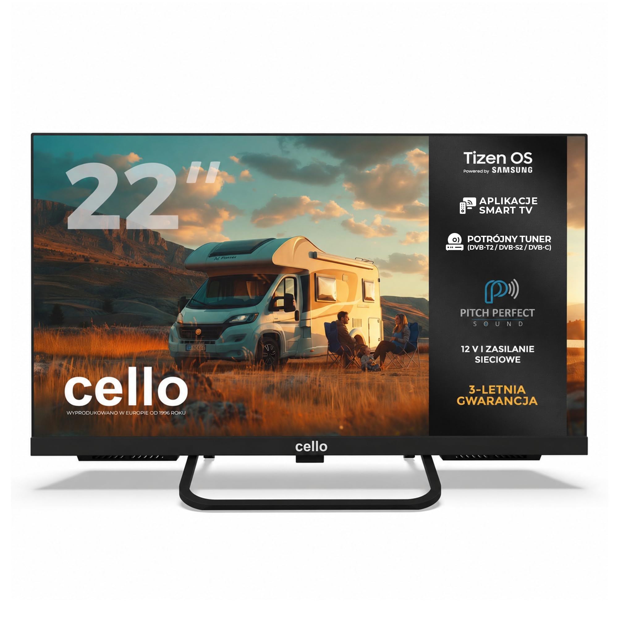 Cello CTRAV-22TZ 22-calowy Smart TV 12V dla podróżnych z systemem Tizen OS od Samsung, odbiór satelitarny, Gaming Hub, głośniki Pitch Perfect, Bluetooth, idealny do kamperów i łodzi, potrójny tuner