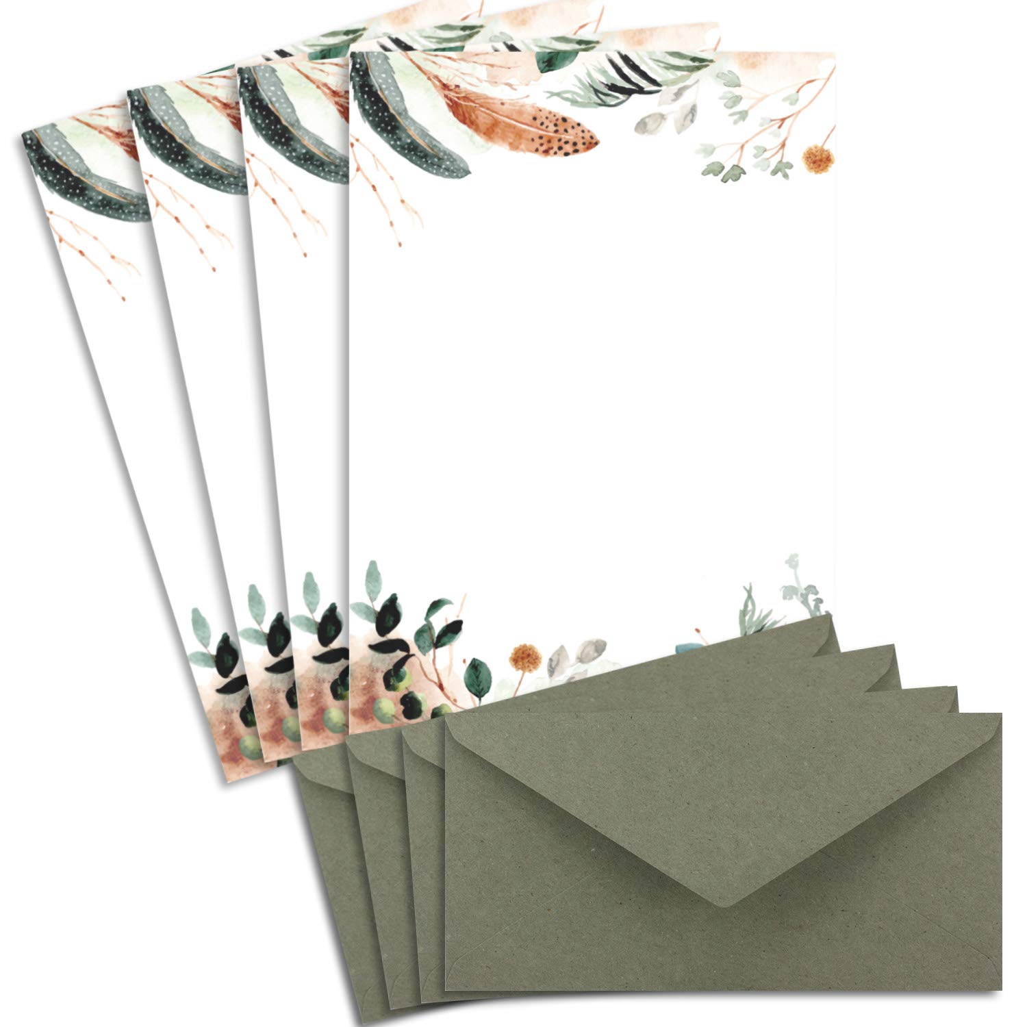 250 juegos de cartas DIN A4 - papel natural en popurrí natural crema con plumas y ramas - con sobres DIN largo en papel kraft gris / verde papelería imprimible ideal para invitaciones de boda