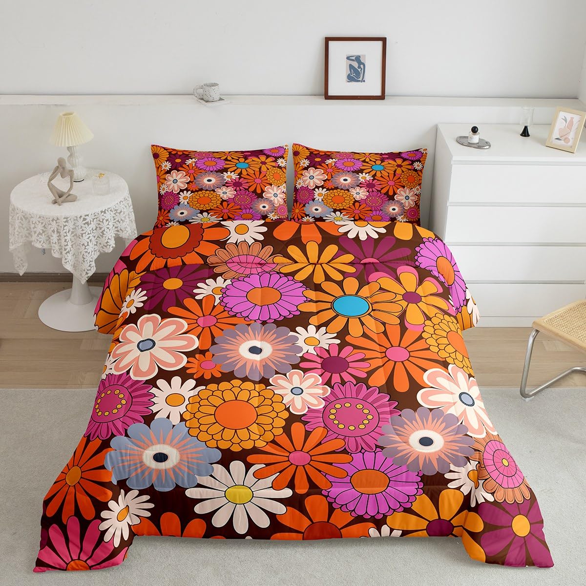 Erosebridal Groovy Flower Comforter Set for Girls Women,Colorful Funky 60s 70s Flower Quilt Queen,Retro Daisy Sunflower Doodle Bedding Set,Vintage