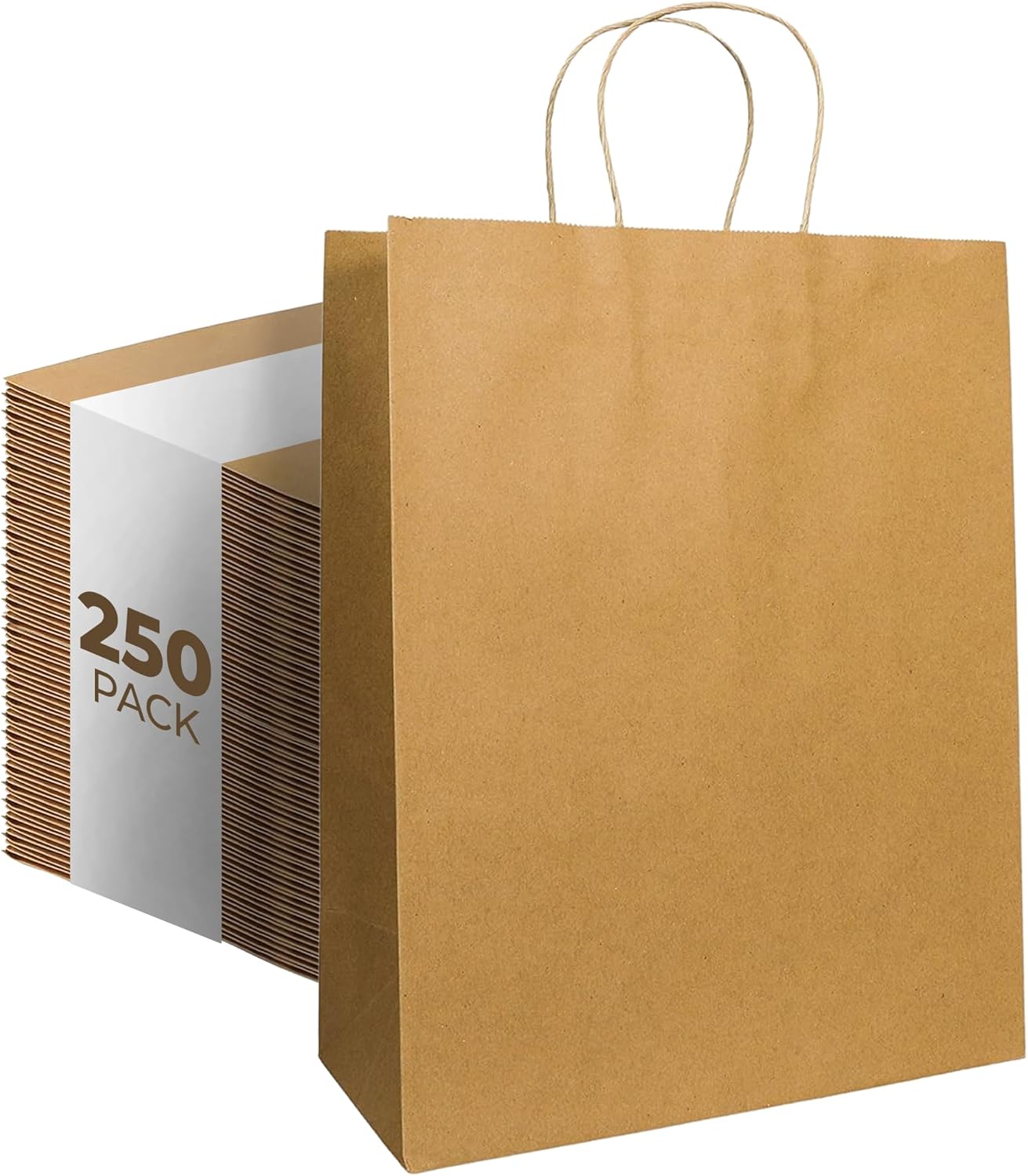 PTP BAGS Natural Kraft Paper Bags with Handles (10x5x13) – Pack of 250