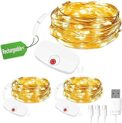 3pcs Mini Fairy Lights Rechargeable, 9.8ft 30 LED String Light Battery Operated, 8 Modes with Timer, Removable Battery Compartment, Copper Wire Fairy Light for Indoor Wedding Party Xmas Decoration