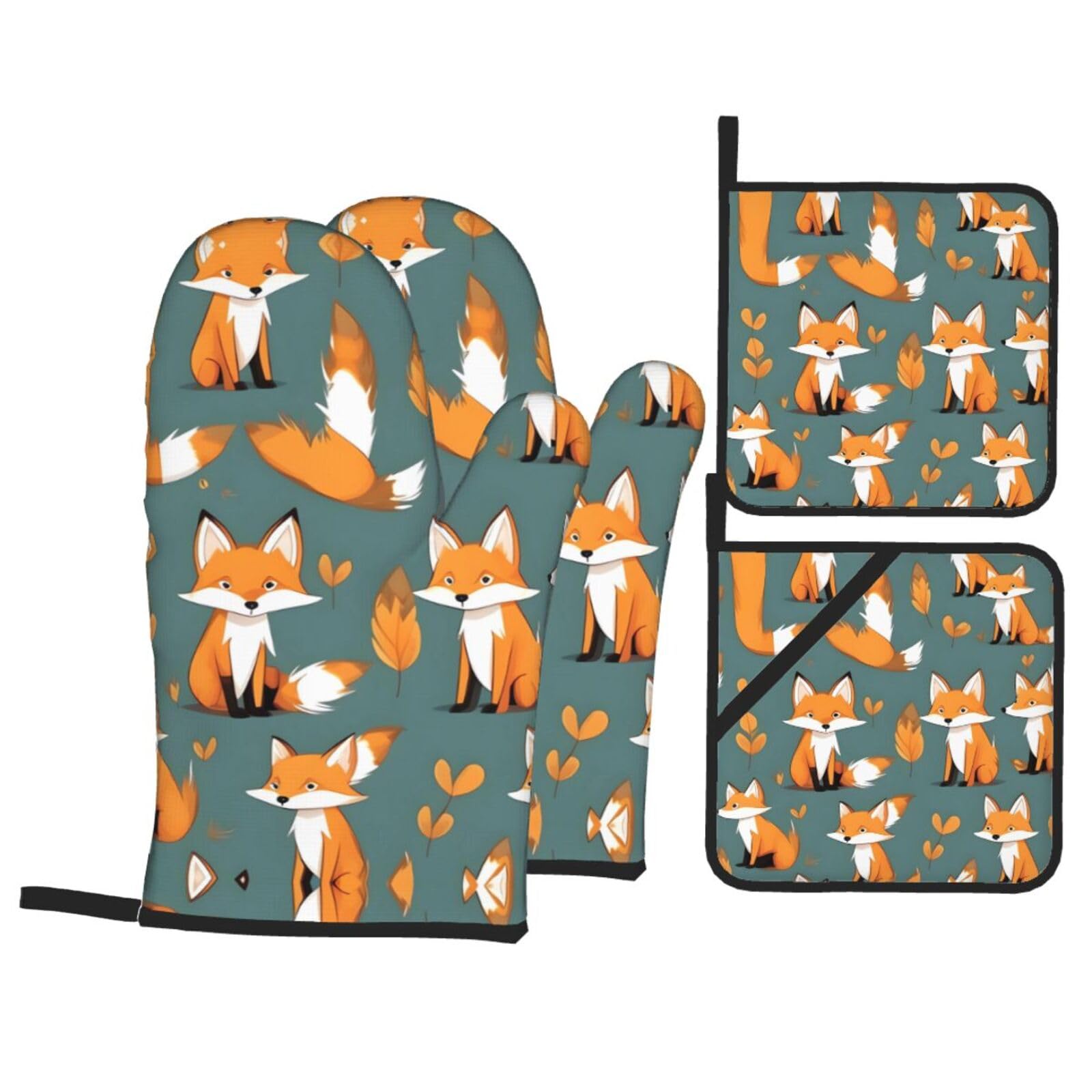 WHJSHOP Yellow fox Prints Kitchen Baking Throw Set with Heat Resistance, Waterproof Oven Mitts & Pot Holders for Cooking, Grilling & Handling Hot Dishes