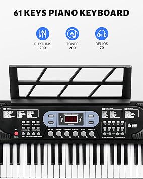 INMOZATA 61 Key Electronic Keyboard Piano, Musical Keyboard for Beginner, Light Up Keyboard Piano with Microphone Piano Note Sticker, Black