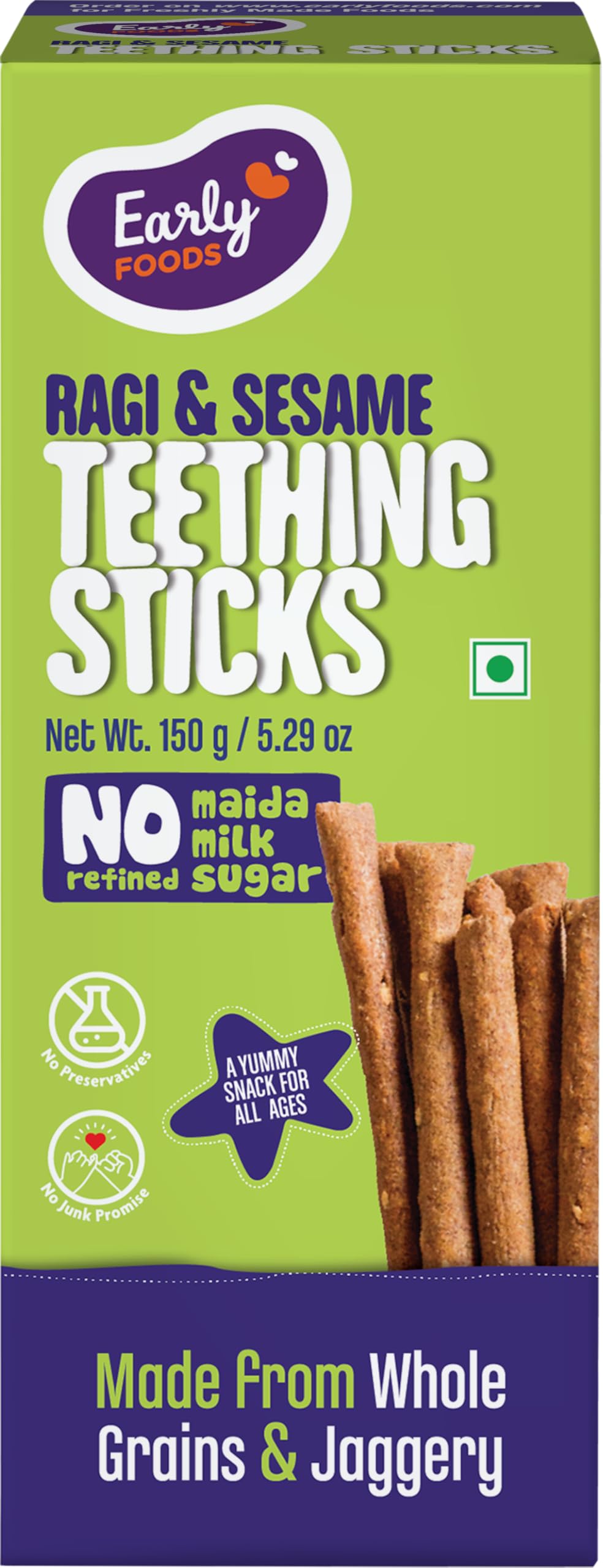 Early Foods No Refined Sugar, No Maida Ragi Teething Sticks | Sweetened with Jaggery | 100% Whole Wheat & Ragi Teething Snacks | Food Teether | 150g