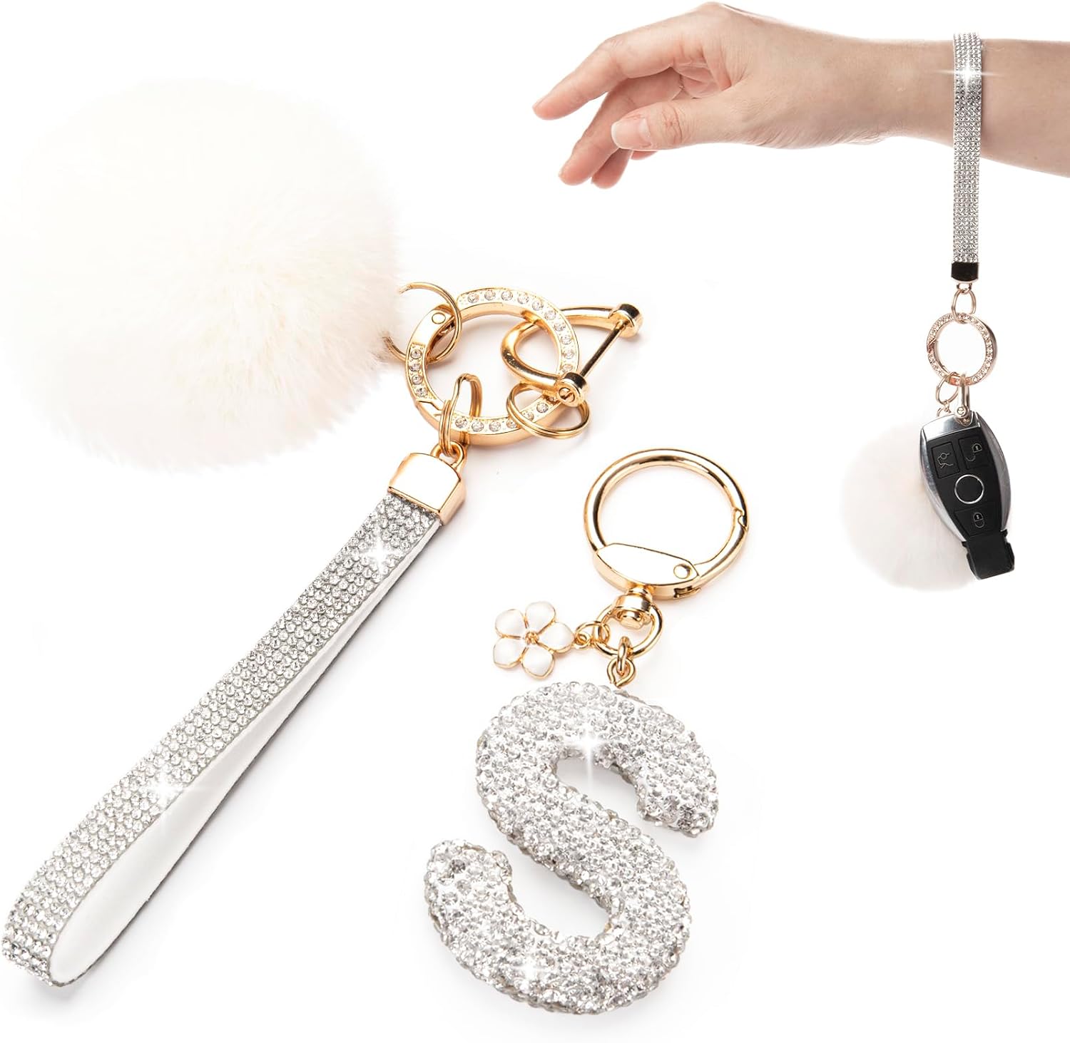 Initial Letter Keychain for Women Girl Bling Rhinestone Sparkly Bag Backpack Purse Charm Cute Pom Pom Key Chain Wristlet