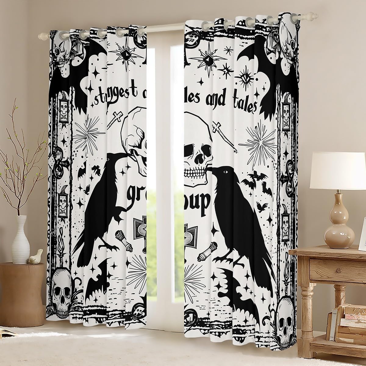 jejeloiu Halloween Decor Blackout Curtains Bats Darkening Drapes for Bedroom Living Room Decor Gothic Skull Thermal Insulated Shades Eagle Print Window Treatments, 2 Panels 38 x 45 Inch