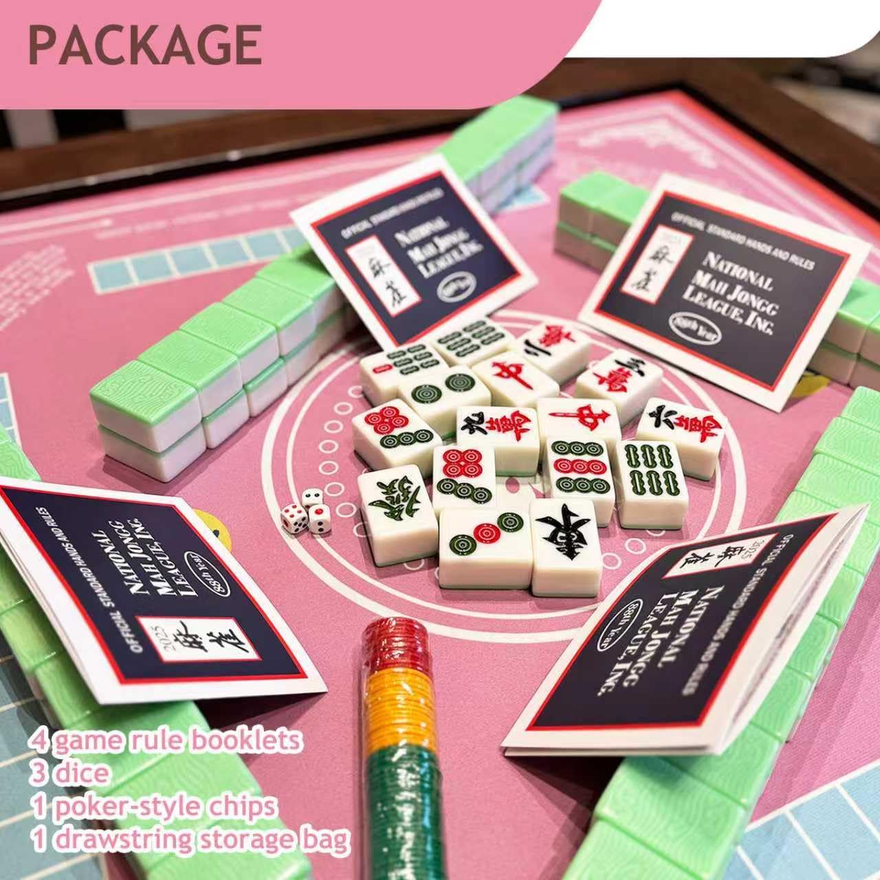 Mahjong Mat 33 x 33 Inches for Table, Foldable Non-Slip Mah Jong Mat with Dice, Chips & Instruction, Mahjong Mat for Beginners, Seniors & Family Play Game, Including a Storage Bag